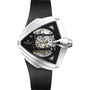 The Hamilton Ventura XXL Skeleton Auto showcases an oversized dial, triangular stainless steel case, distinctive skeleton cut-outs revealing the movement, and a sleek black strap.