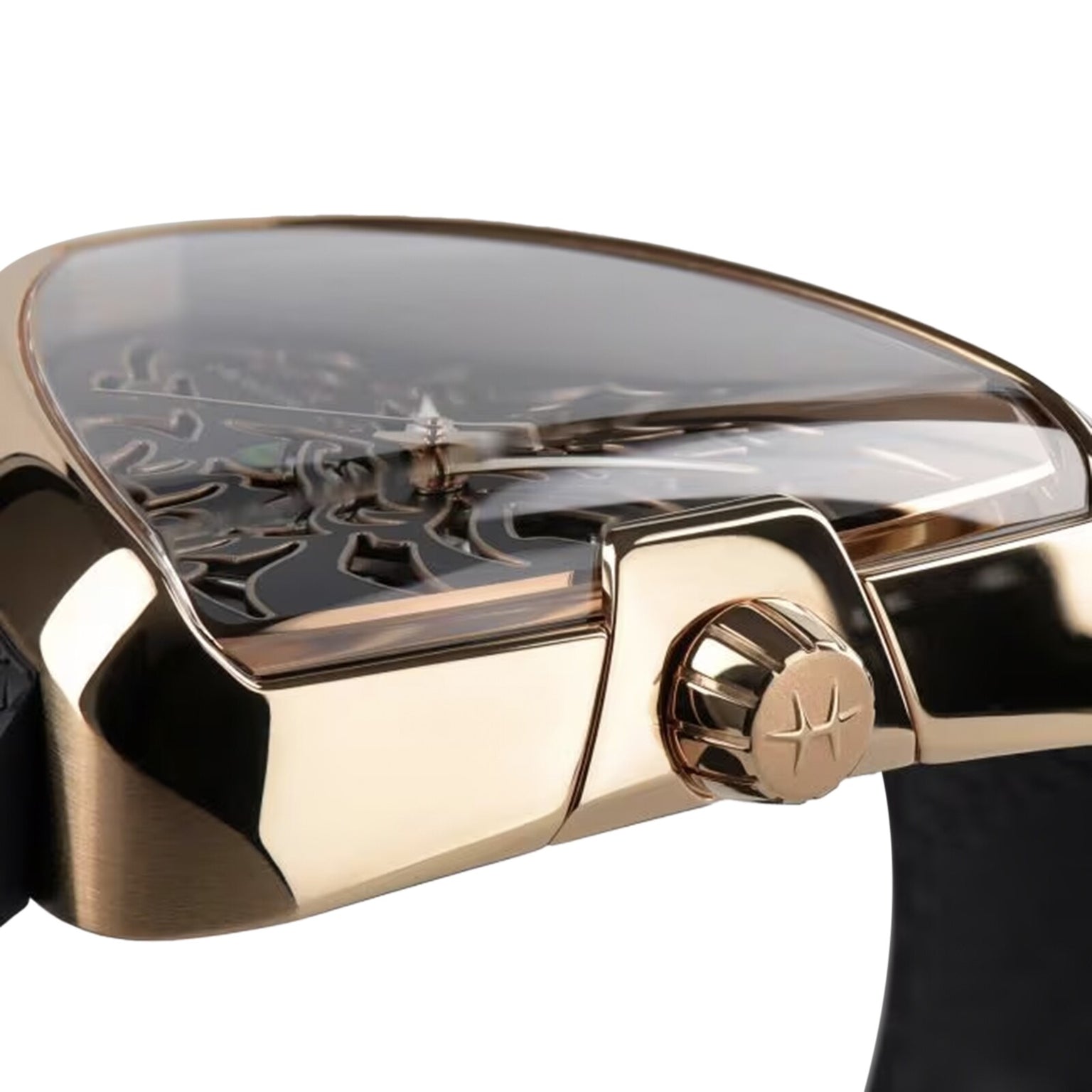 Close-up of the Hamilton Khaki Field King Auto wristwatch featuring a gold case, black strap, and a transparent, curved watch face.