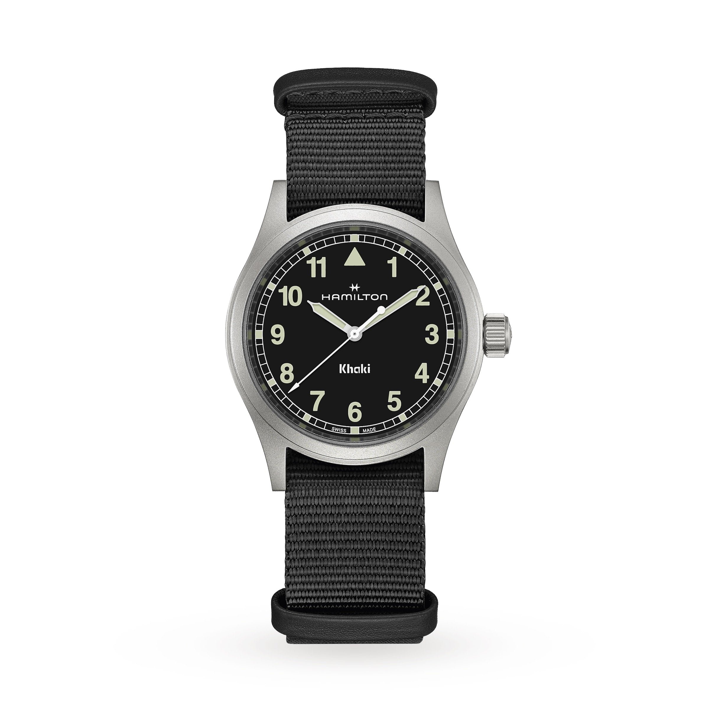 The Hamilton Khaki Field Quartz features a black dial with white numerals and a black fabric strap.