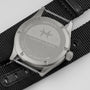 Back of the Hamilton Khaki Field Quartz wristwatch featuring a star logo, serial number, and black fabric strap.