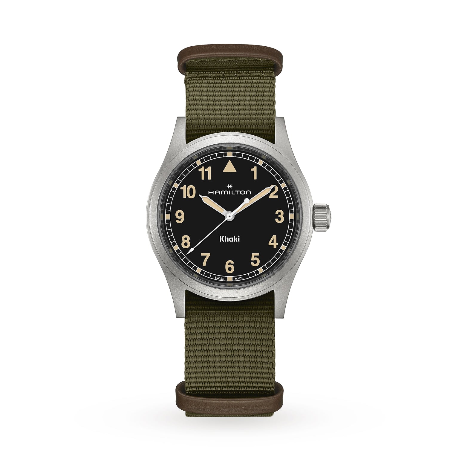 A Hamilton Khaki Field Quartz watch with a black dial and olive green fabric strap is displayed against a white background.
