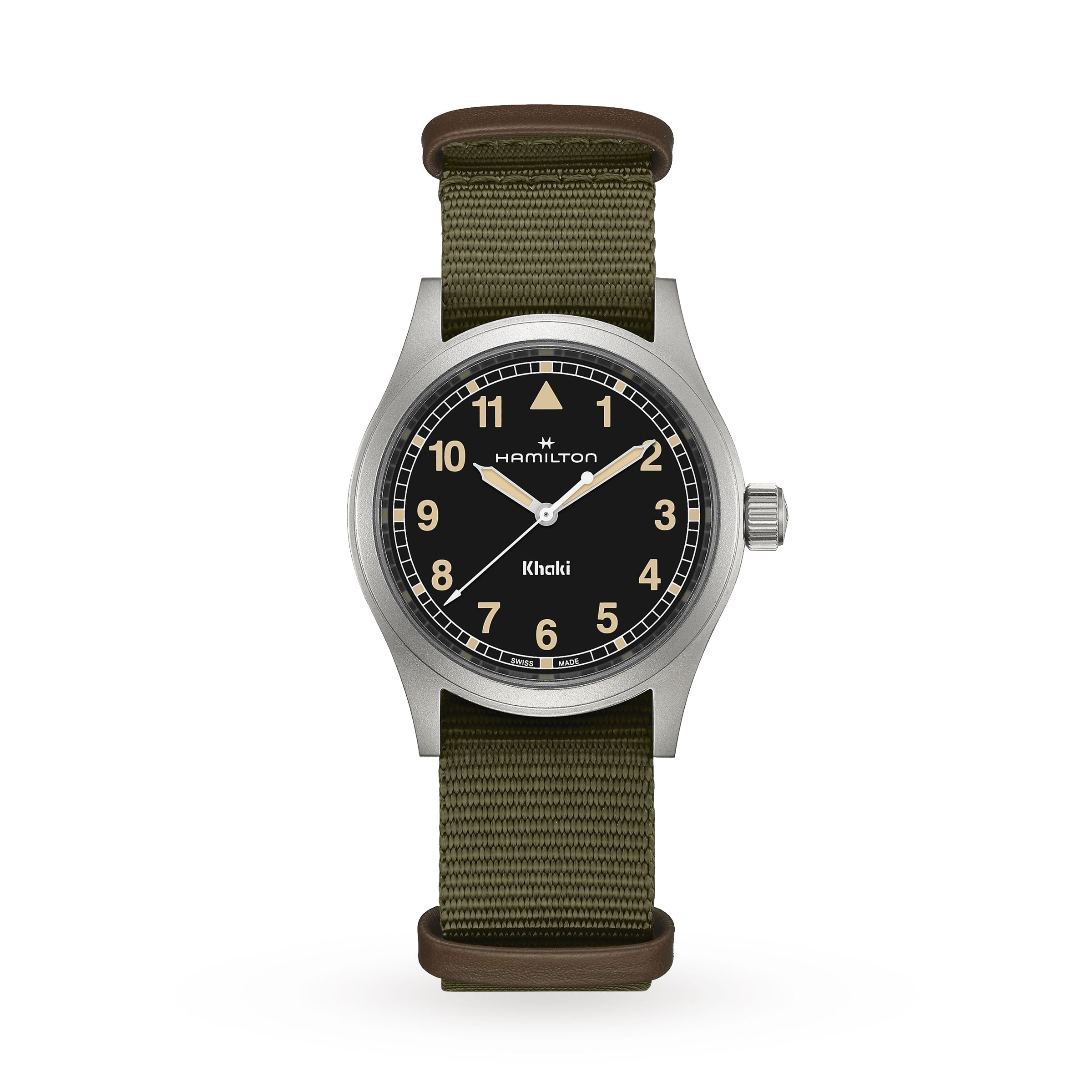 A Hamilton Khaki Field Quartz watch with a black dial and olive green fabric strap is displayed against a white background.