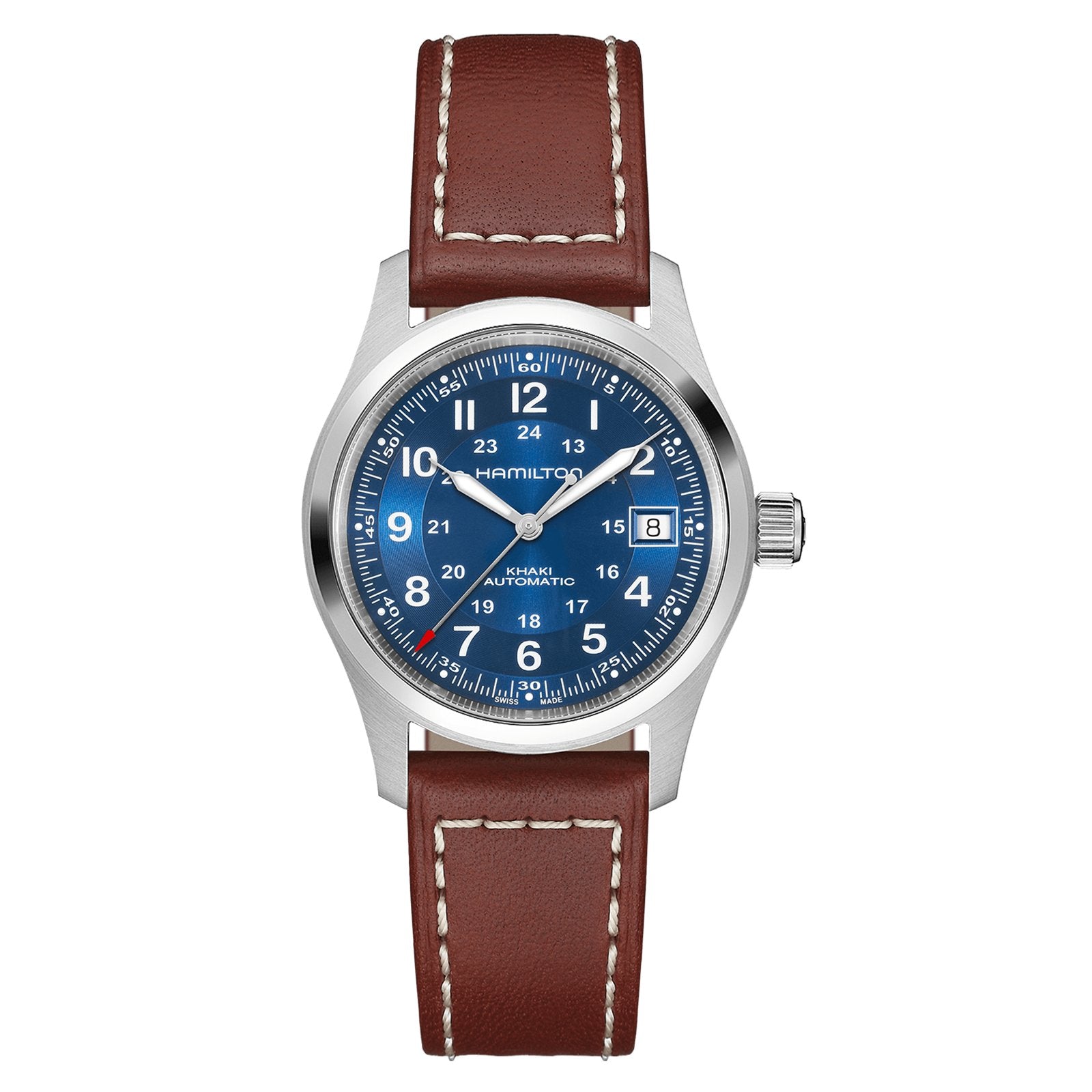 The Hamilton Khaki Field Auto 38mm features a navy sunray dial with white numerals, date at 3 o’clock, silver case, brown leather strap with white stitching, and is powered by the H-10 automatic movement.