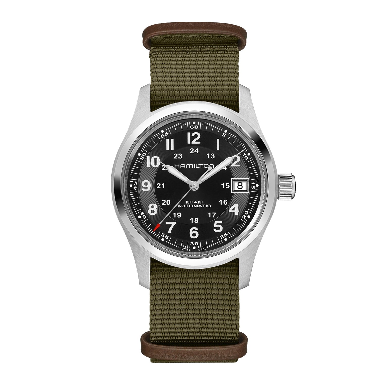 The Hamilton x Call of Duty Black Ops 7 features a round silver case, black dial with white numerals, olive green fabric strap with brown leather accents, Swiss-made movement, 12/24-hour markers, and a date window at 3 o’clock.