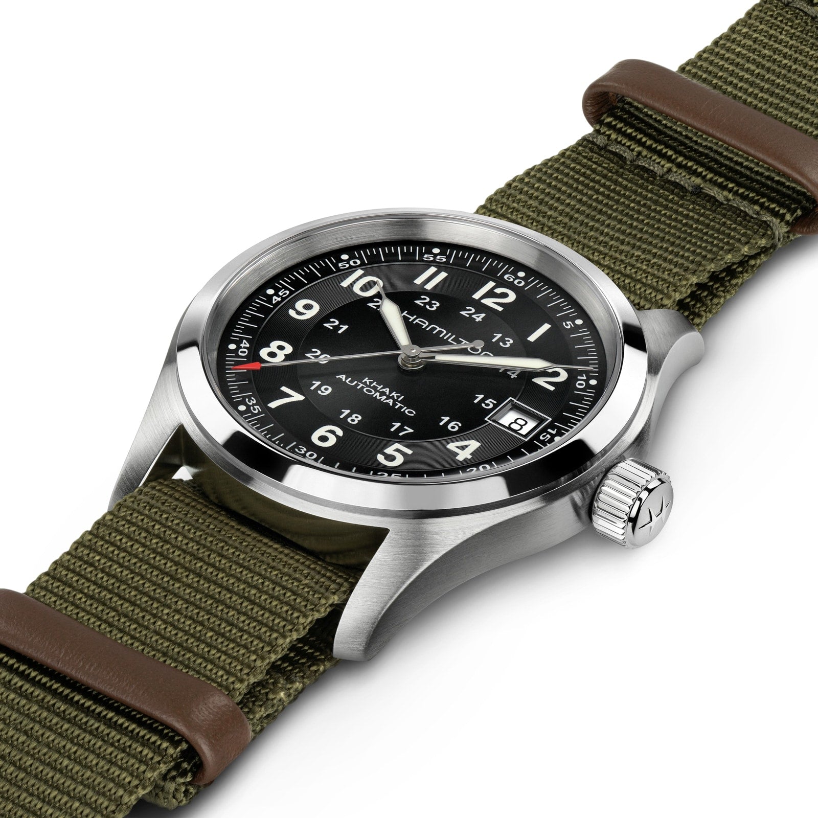 The Hamilton x Call of Duty Black Ops 7, a Swiss-made watch by Hamilton, features a black dial and green fabric strap with brown leather accents, shown angled on a white background.