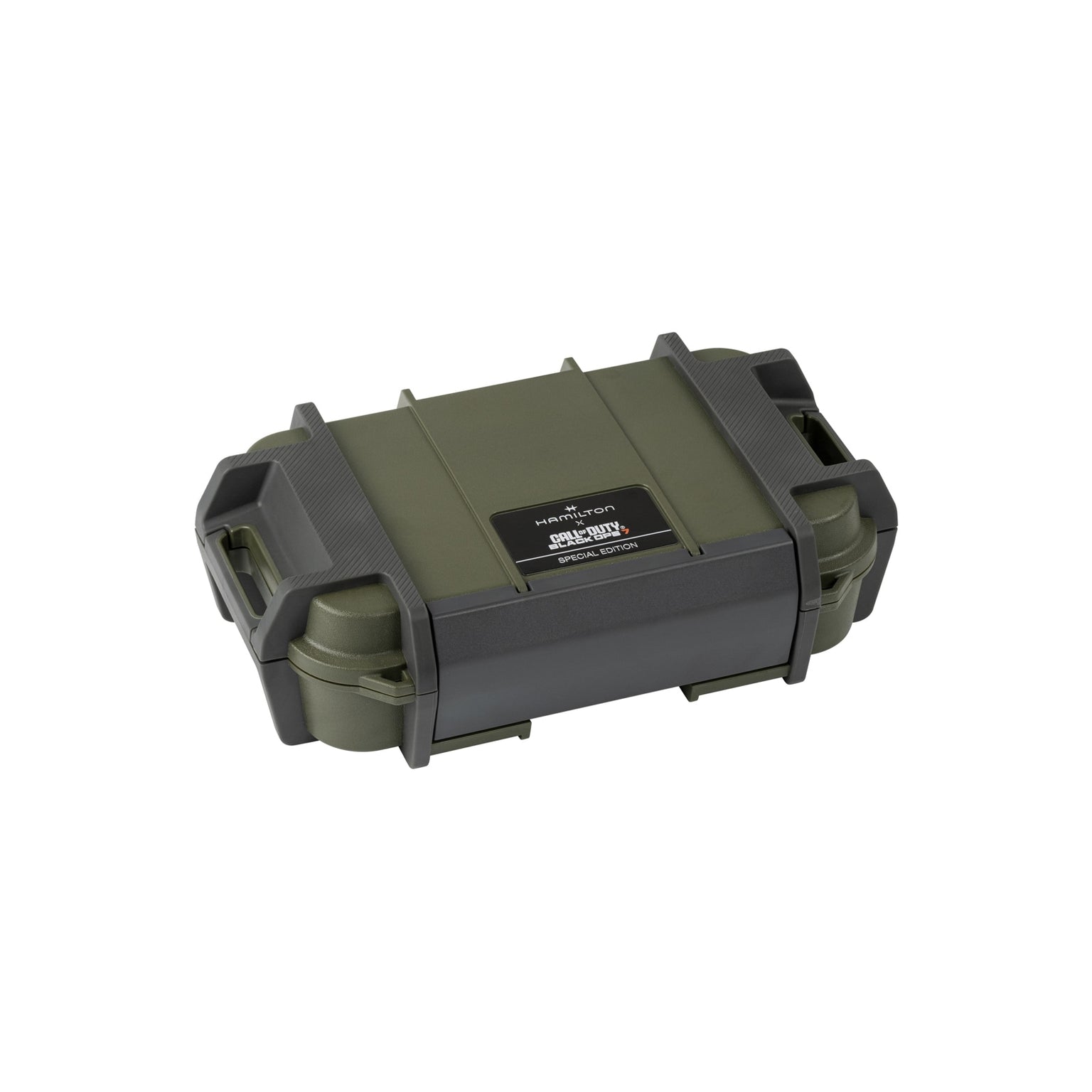 A rugged olive green and black hard plastic case with reinforced corners and central black label, ideal for secure storage and transport of your Hamilton x Call of Duty Black Ops 7 watch. Features sturdy side handles.