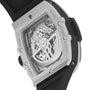 Close-up view of the Hublot Spirit Of Big Bang Titanium Ceramic, highlighting its exposed mechanical movement through a sapphire crystal caseback and featuring a black rubber strap with a titanium and black ceramic case.