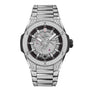 The Hublot Big Bang Integrated Time Only Titanium Pavé wristwatch features a titanium case, skeleton dial with black accents, and a diamond-encrusted bracelet.