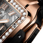 Close-up of the Hublot Square Bang Unico King Gold Diamonds watch, featuring a King Gold case, diamond-set bezel, and visible Unico movement details.