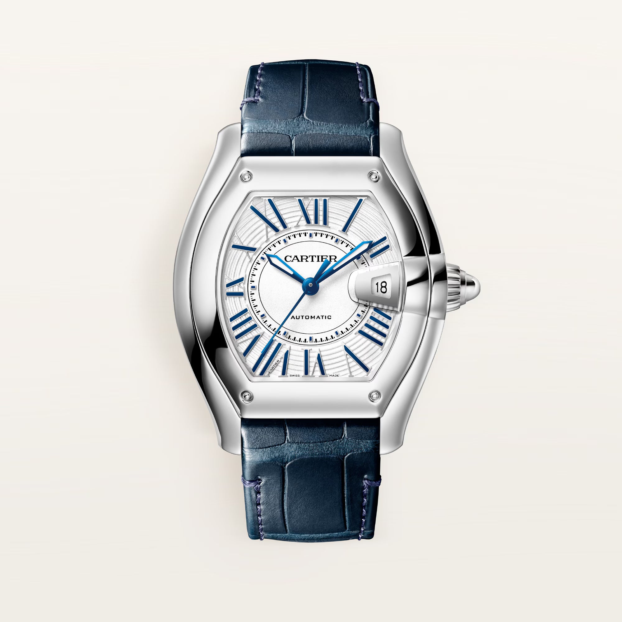 Silver-tone watch with white dial, blue Roman numerals, date window, and dark blue leather strap.