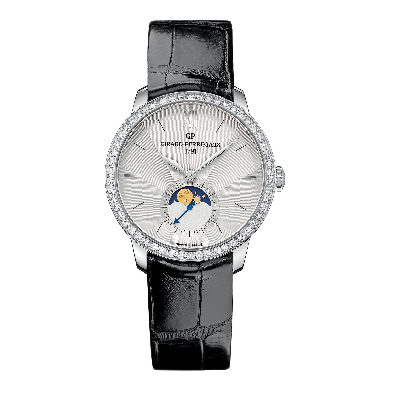 The Girard-Perregaux 1966 Moon Phases is a silver wristwatch with a diamond bezel, black leather strap, and moon phase indicator on the dial.