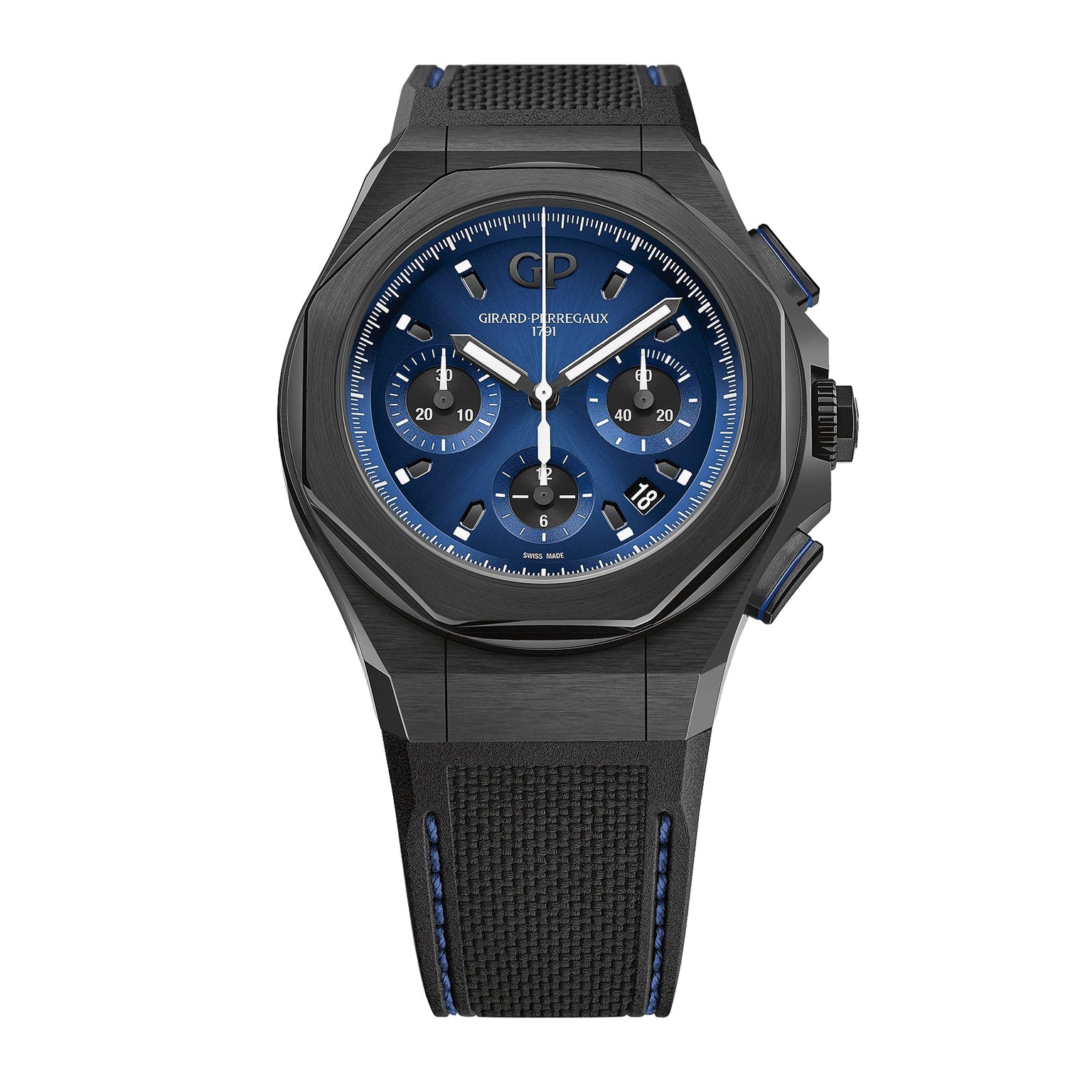 The Girard-Perregaux Laureato Absolute Chronograph features a black PVD-treated titanium case, black and blue design, GP03300 self-winding chronograph movement, three subdials, date at 4 o’clock, and a textured black strap with blue stitching.