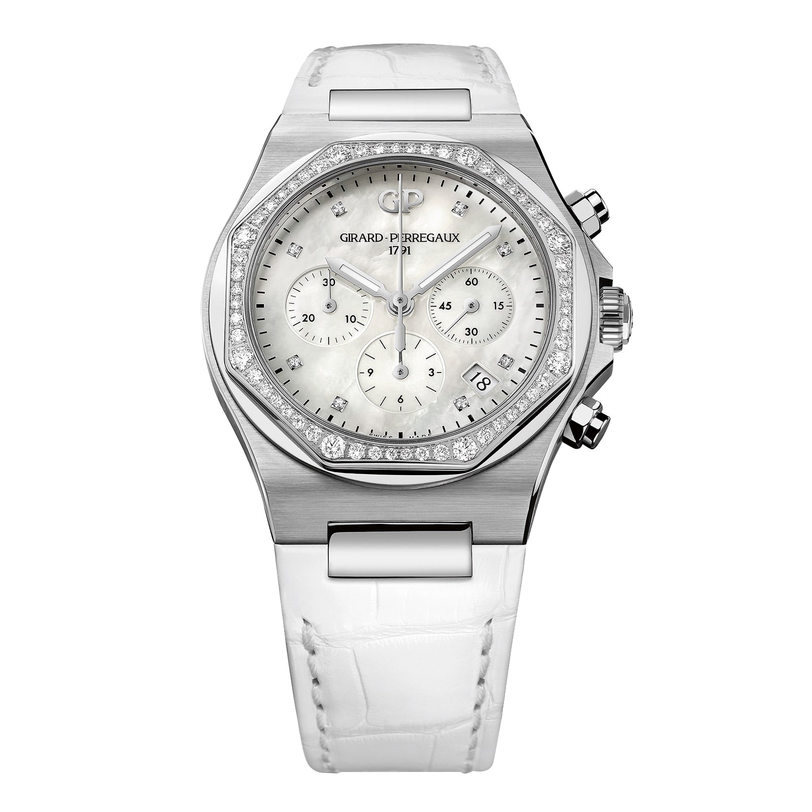 The Girard-Perregaux Laureato Chronograph 38 features a silver-tone octagonal bezel, diamond accents, mother-of-pearl dial with three subdials, date window, and a white leather strap.