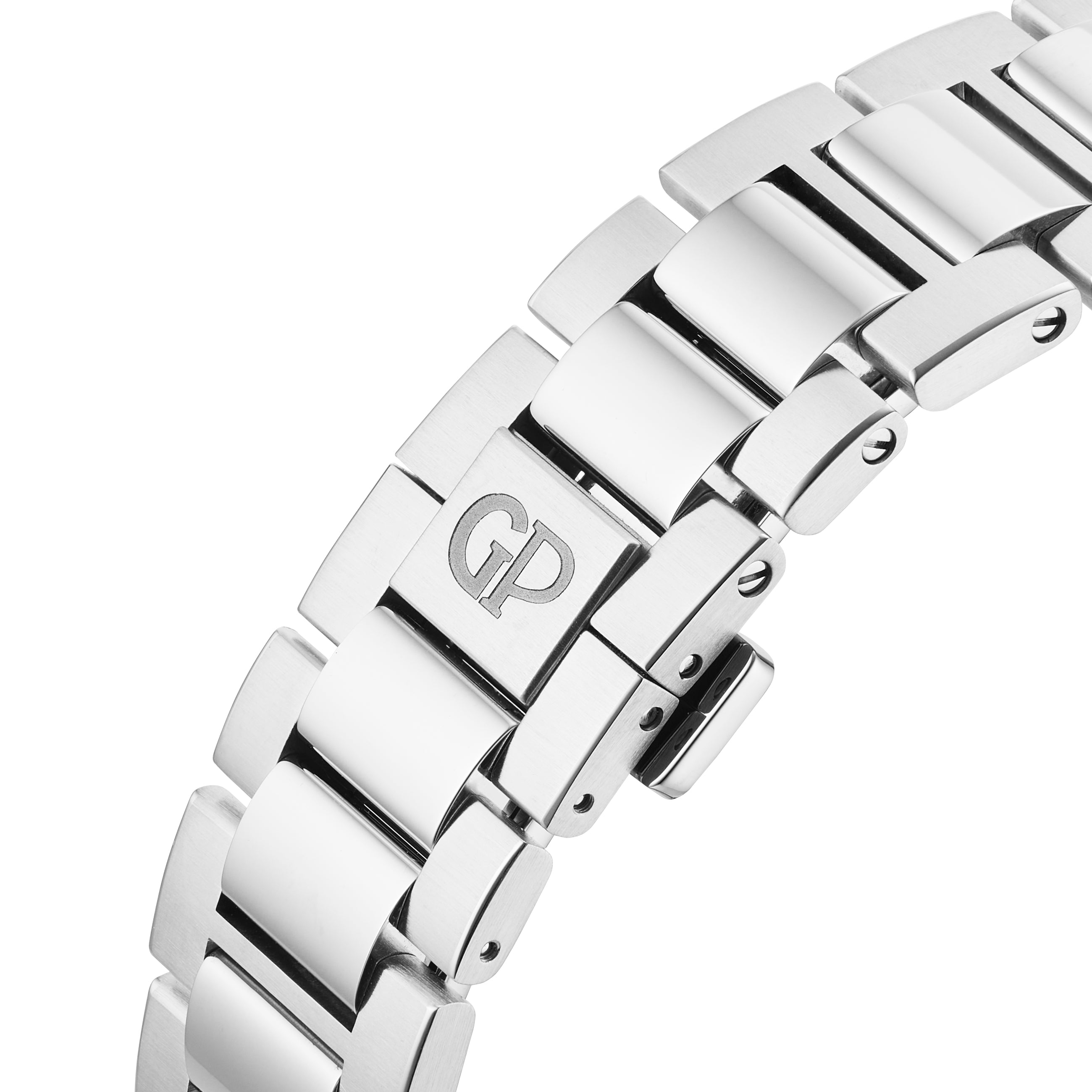 Close-up of a polished stainless steel bracelet from the Girard-Perregaux Laureato Fifty 42 Watches of Switzerland Exclusive, with engraved GP initials on a center link, showcasing its smooth, reflective finish.