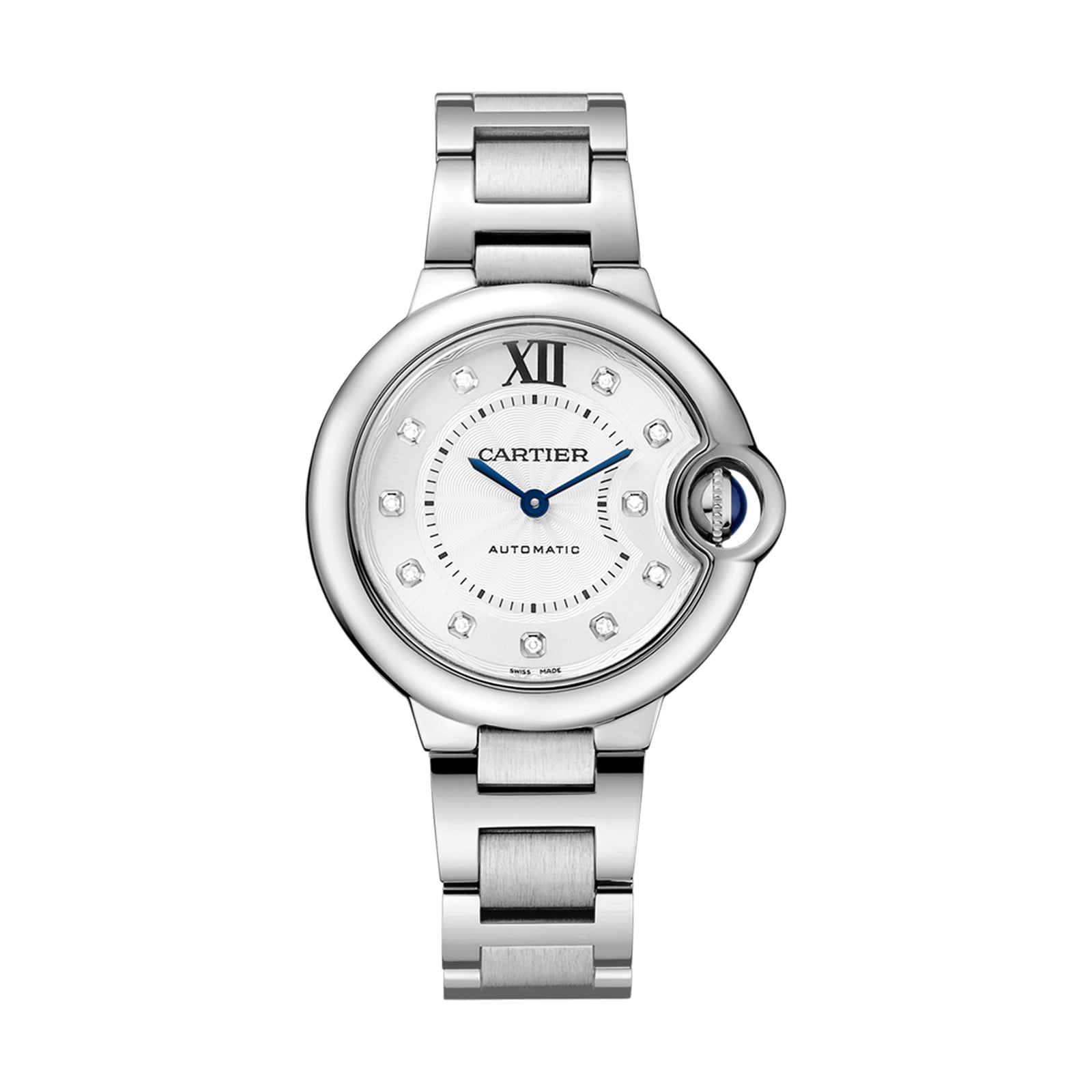 The Ballon Bleu de Cartier by Cartier features a stainless steel case, round white dial, blue hands, diamond markers, sapphire cabochon crown, and metal link band.