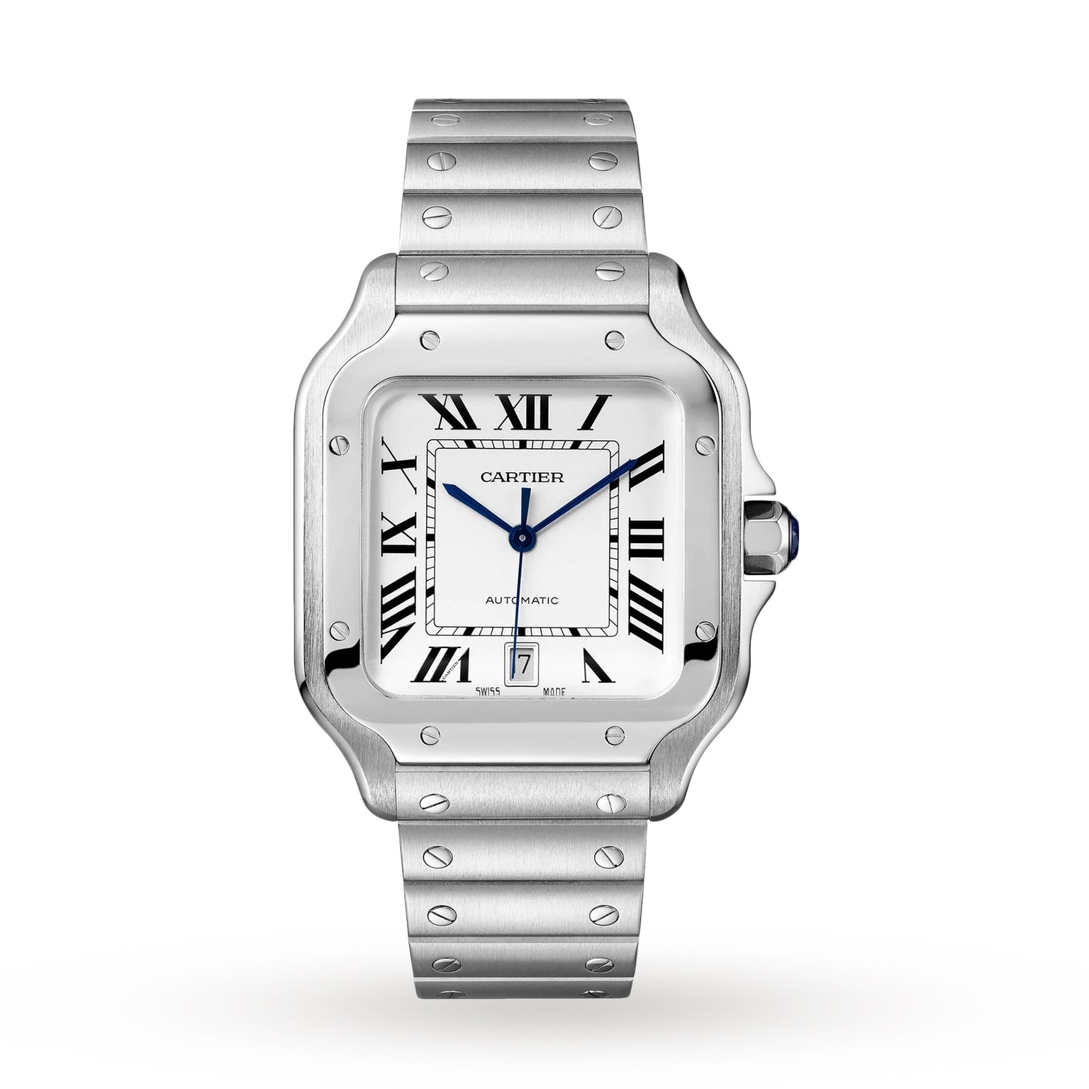 The Santos de Cartier by Cartier is a stainless steel wristwatch featuring Roman numeral markers, blue hands, a date window at 6 o’clock, visible-screw metal bracelet, and a self-winding movement inspired by aviation heritage.