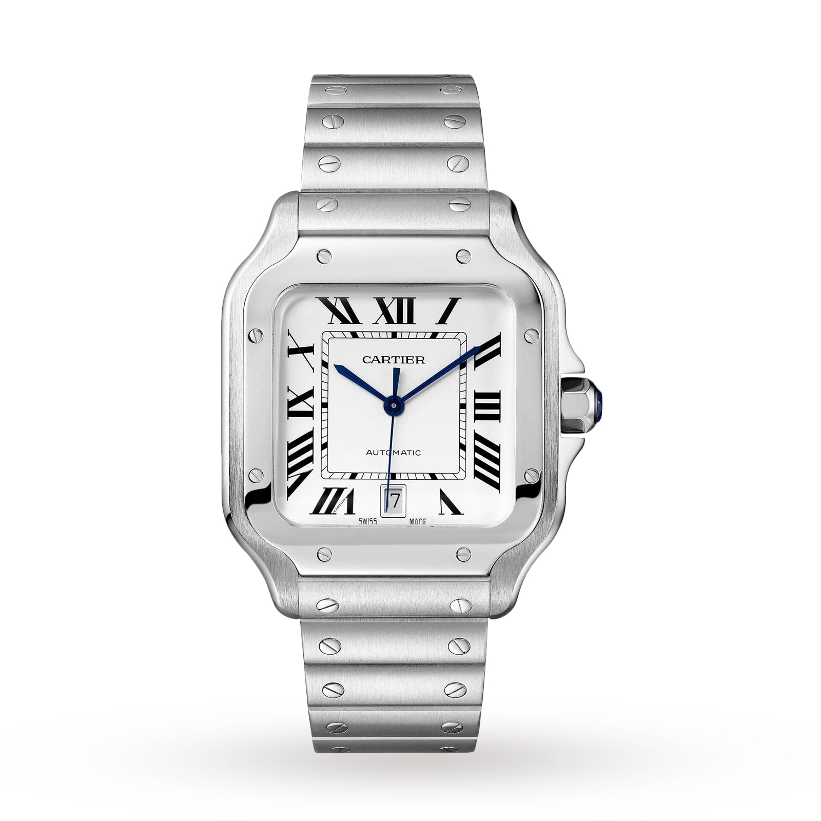 The Santos de Cartier by Cartier is a stainless steel wristwatch featuring Roman numeral markers, blue hands, a date window at 6 o’clock, visible-screw metal bracelet, and a self-winding movement inspired by aviation heritage.