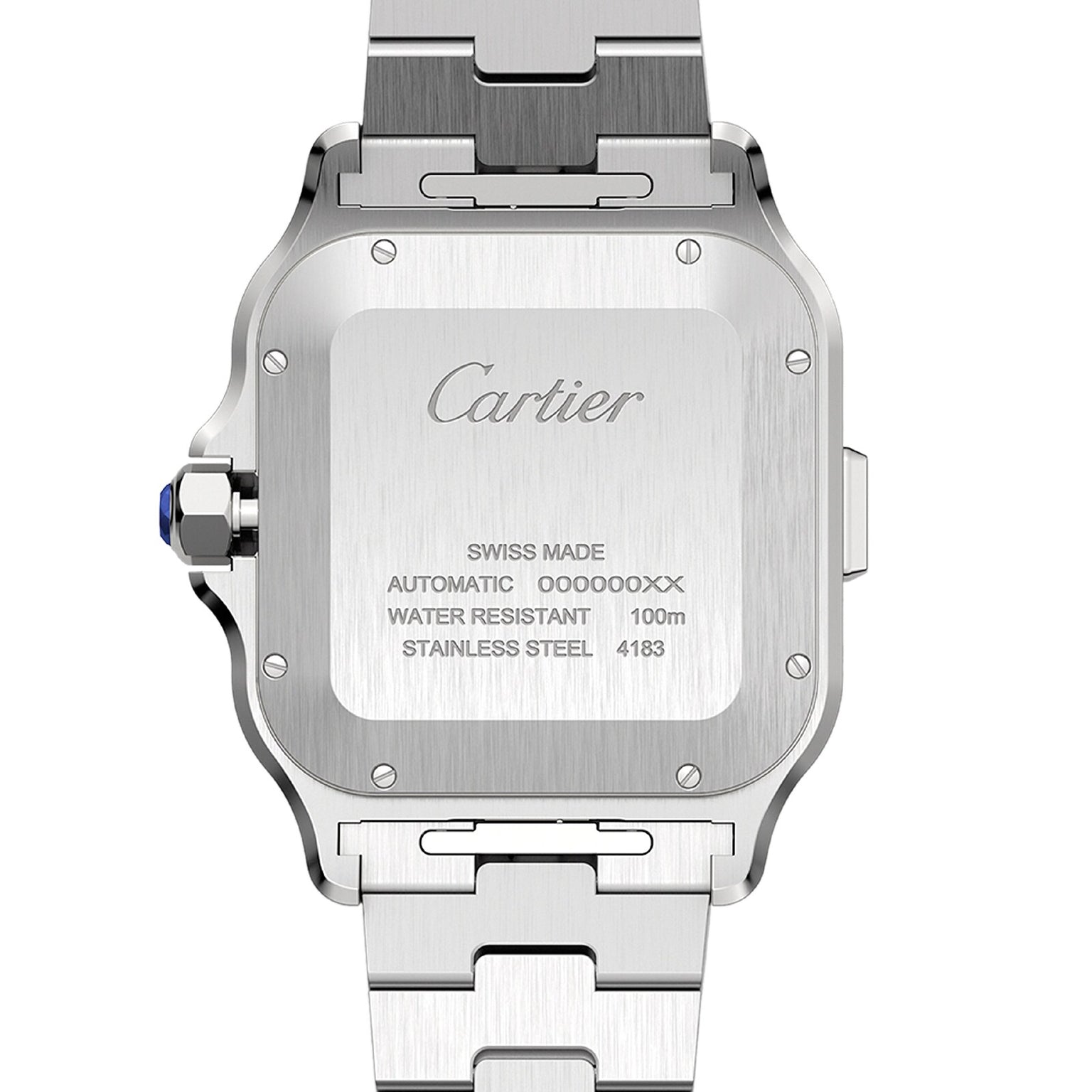 The back of the Santos de Cartier Chronograph features detailed engravings, showcasing the Cartier brand name, chronograph details, and water resistance up to 100m.