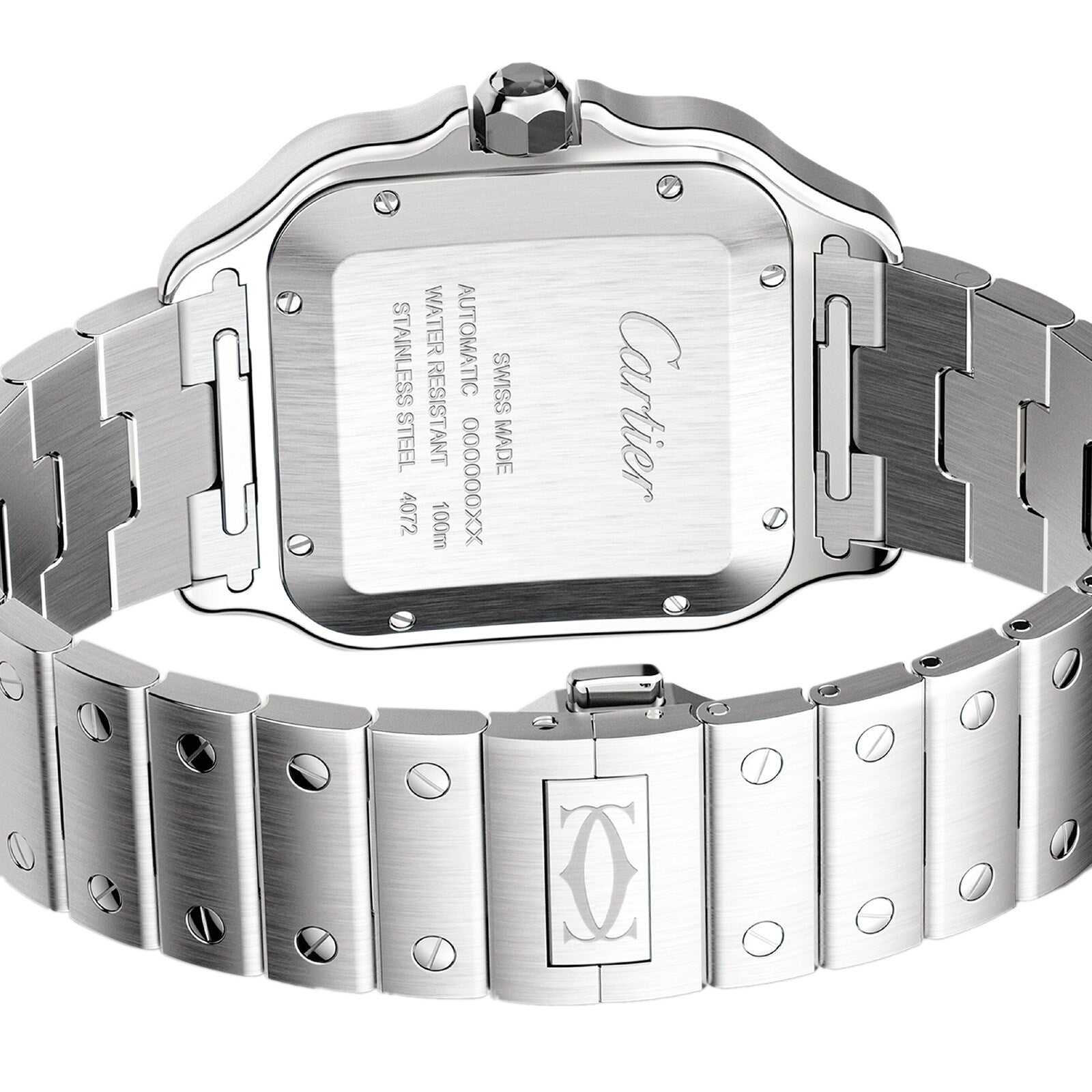 Close-up of the back of the Santos de Cartier by Cartier, highlighting its engraved details, visible serial number, signature screw-motif bracelet, and glimpses of the QuickSwitch system for easy strap changes.