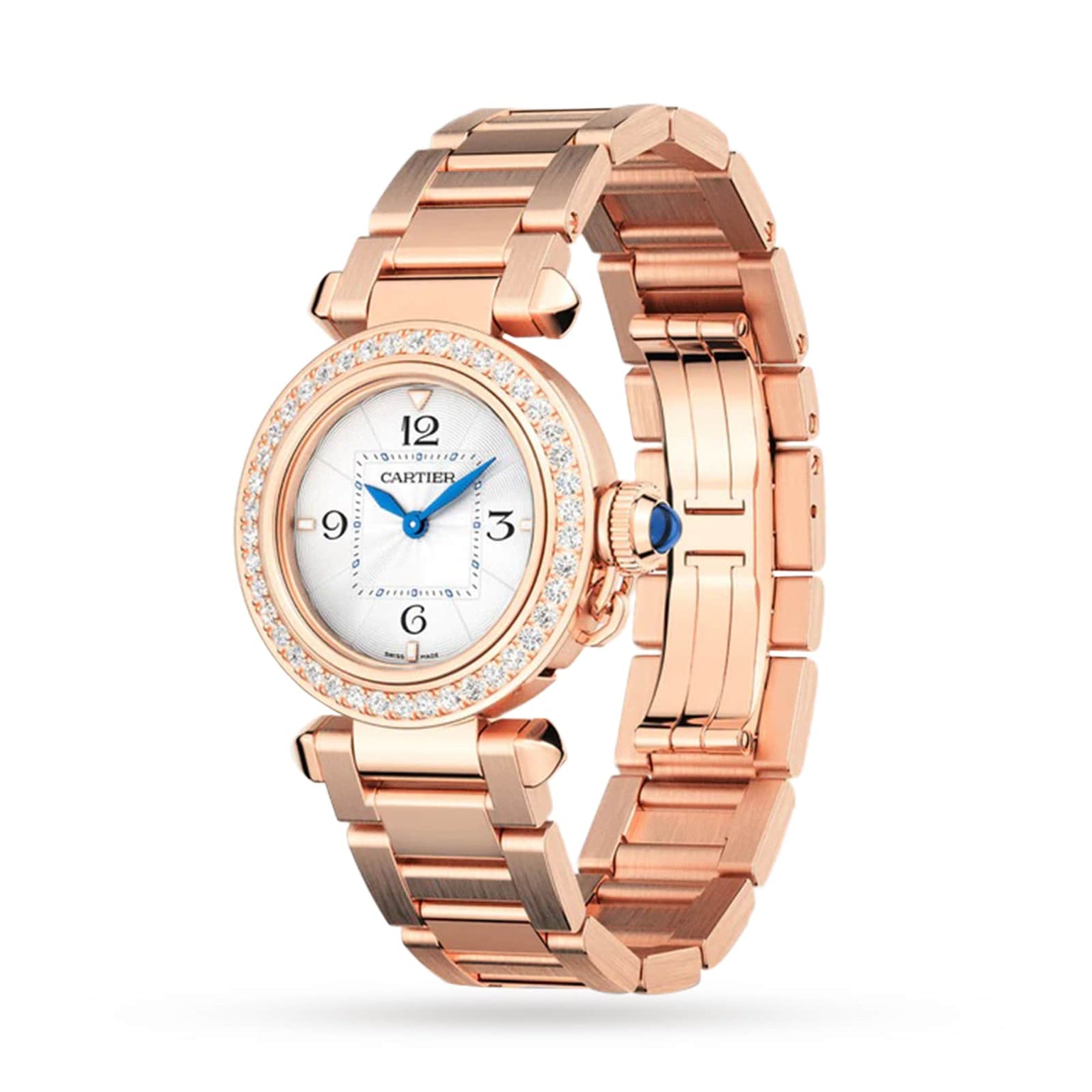 Pasha de Cartier by Cartier: rose gold watch featuring a diamond bezel, signature blue hands, and metallic bracelet displayed on a white background.