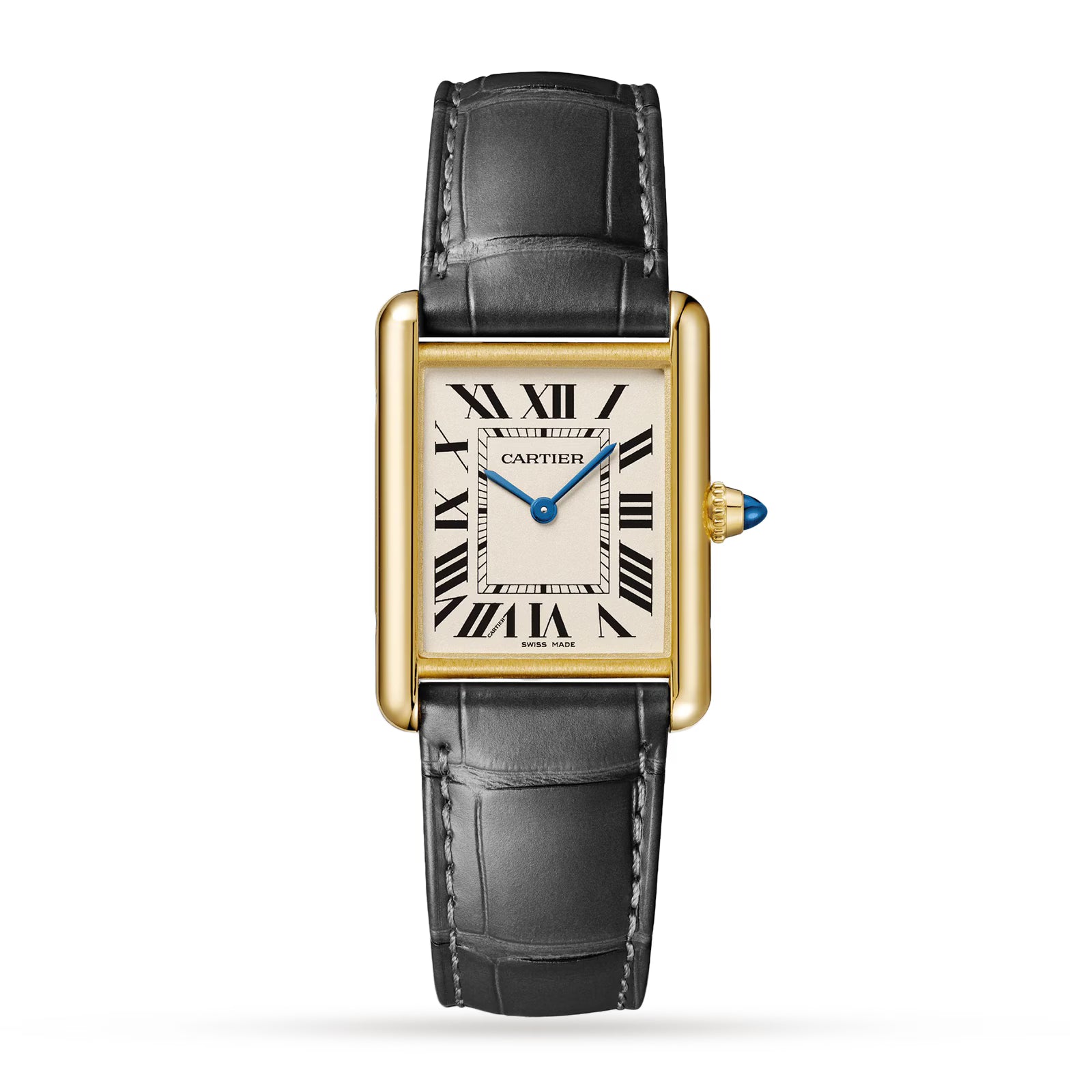 The Cartier Tank Louis Medium Model features a rectangular case, white dial with black Roman numerals, blue hands, a black leather strap, and a crown set with a blue gemstone. The Cartier name is displayed on the dial.