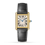The Cartier Tank Louis Medium Model features a rectangular case, white dial with black Roman numerals, blue hands, a black leather strap, and a crown set with a blue gemstone. The Cartier name is displayed on the dial.
