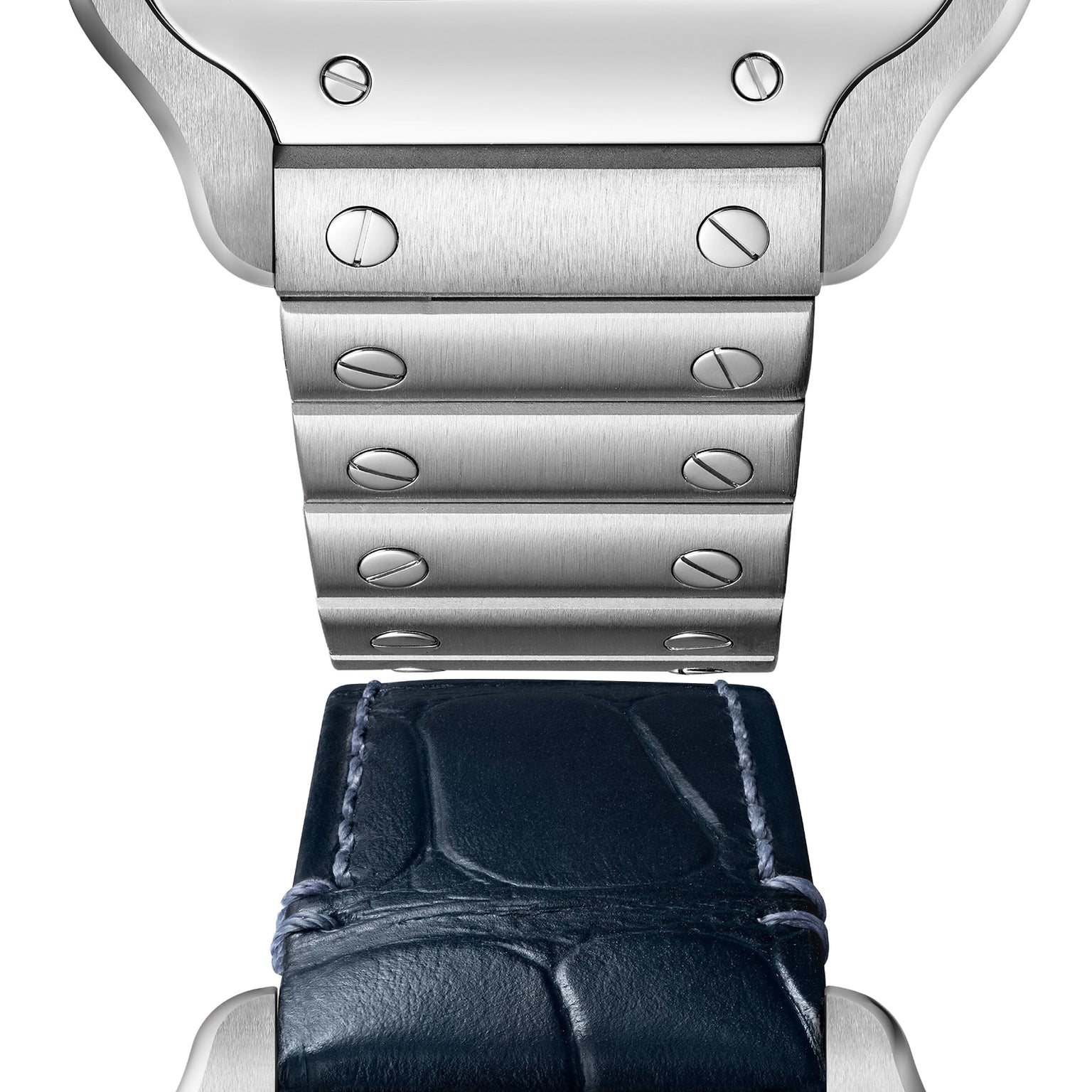 Close-up of the Cartier Santos de Cartier watch showcases the transition from a brushed metal bracelet with screws to a dark blue leather strap, both complemented by its signature square steel case.