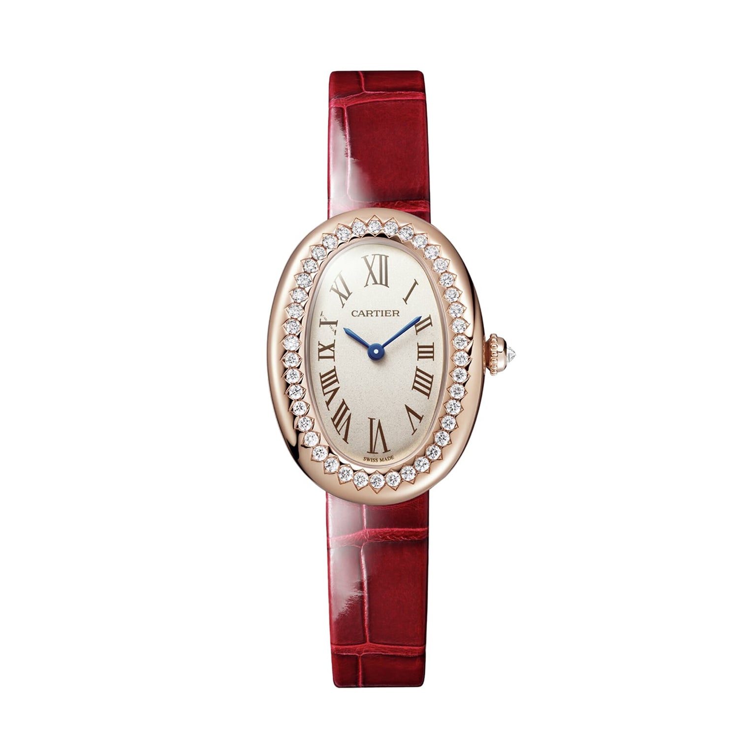 A Cartier Baignoire luxury watch with an oval case, Roman numerals, diamond bezel, silver dial, blue hands, and a red leather strap is displayed on a white background.