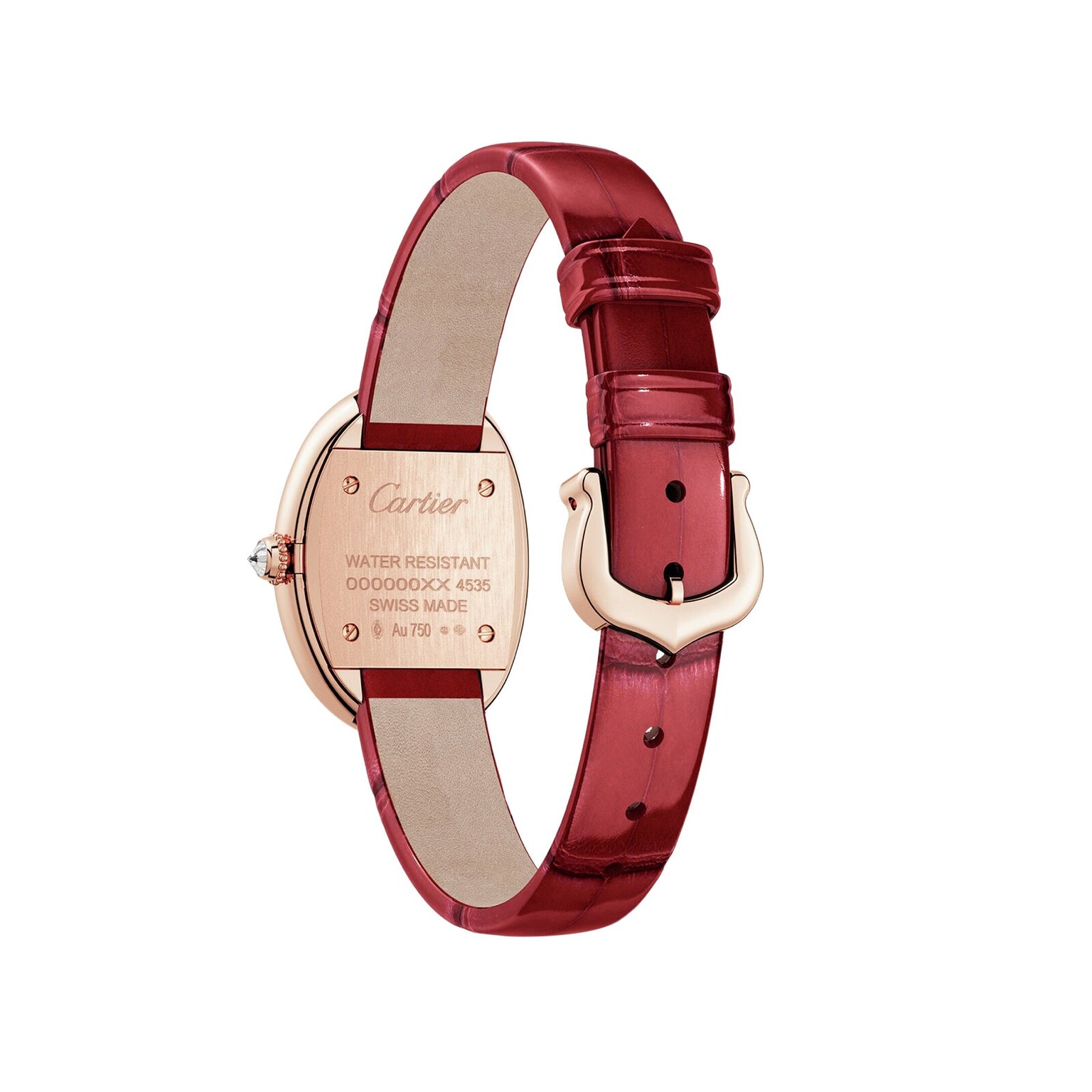 The Cartier Baignoire luxury watch features a red leather strap, gold buckle, and an engraved gold case back with product details and water resistance information.