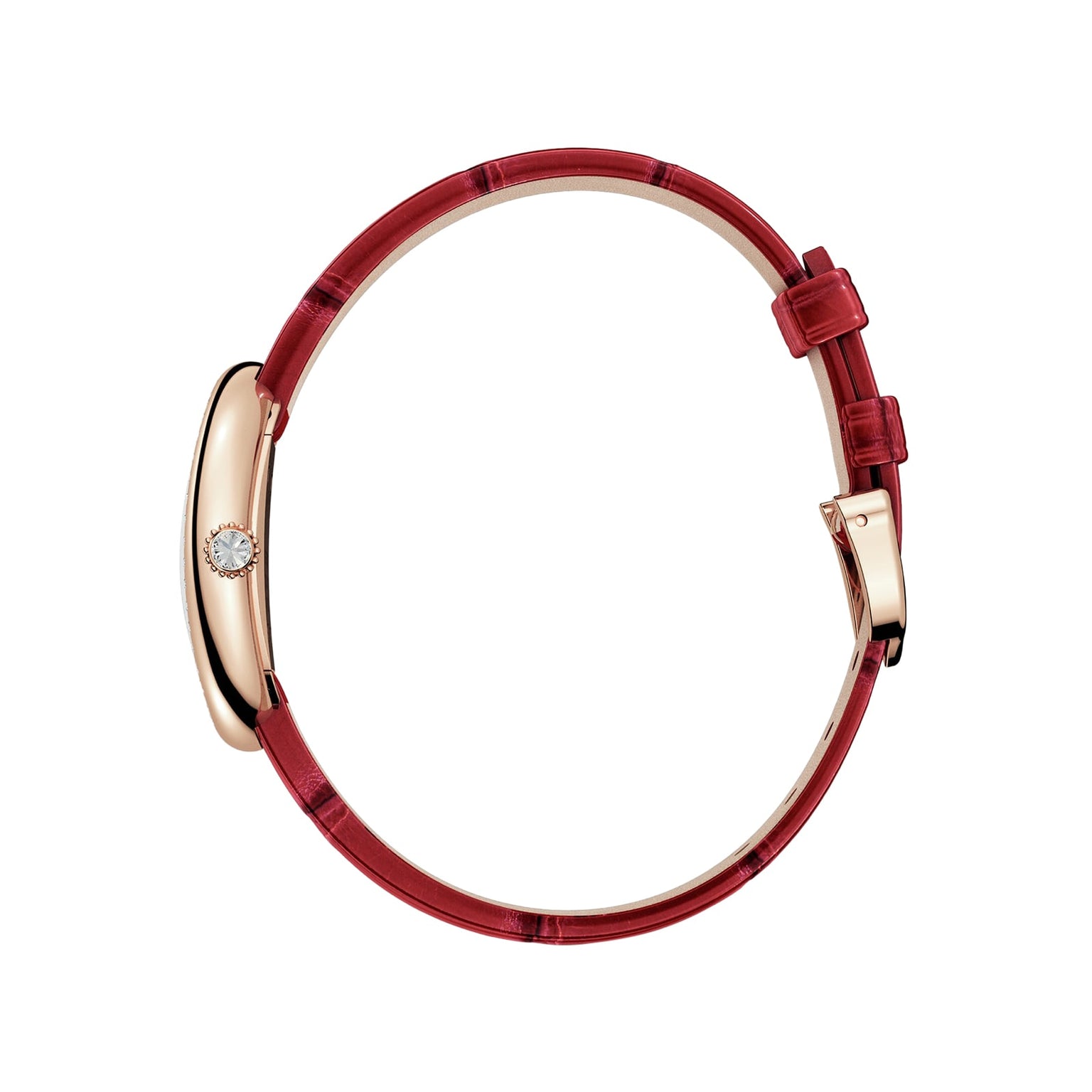 The Cartier Baignoire is a slim luxury watch featuring a red leather strap, gold oval case inspired by its iconic design, and a single round diamond on the side for added elegance.