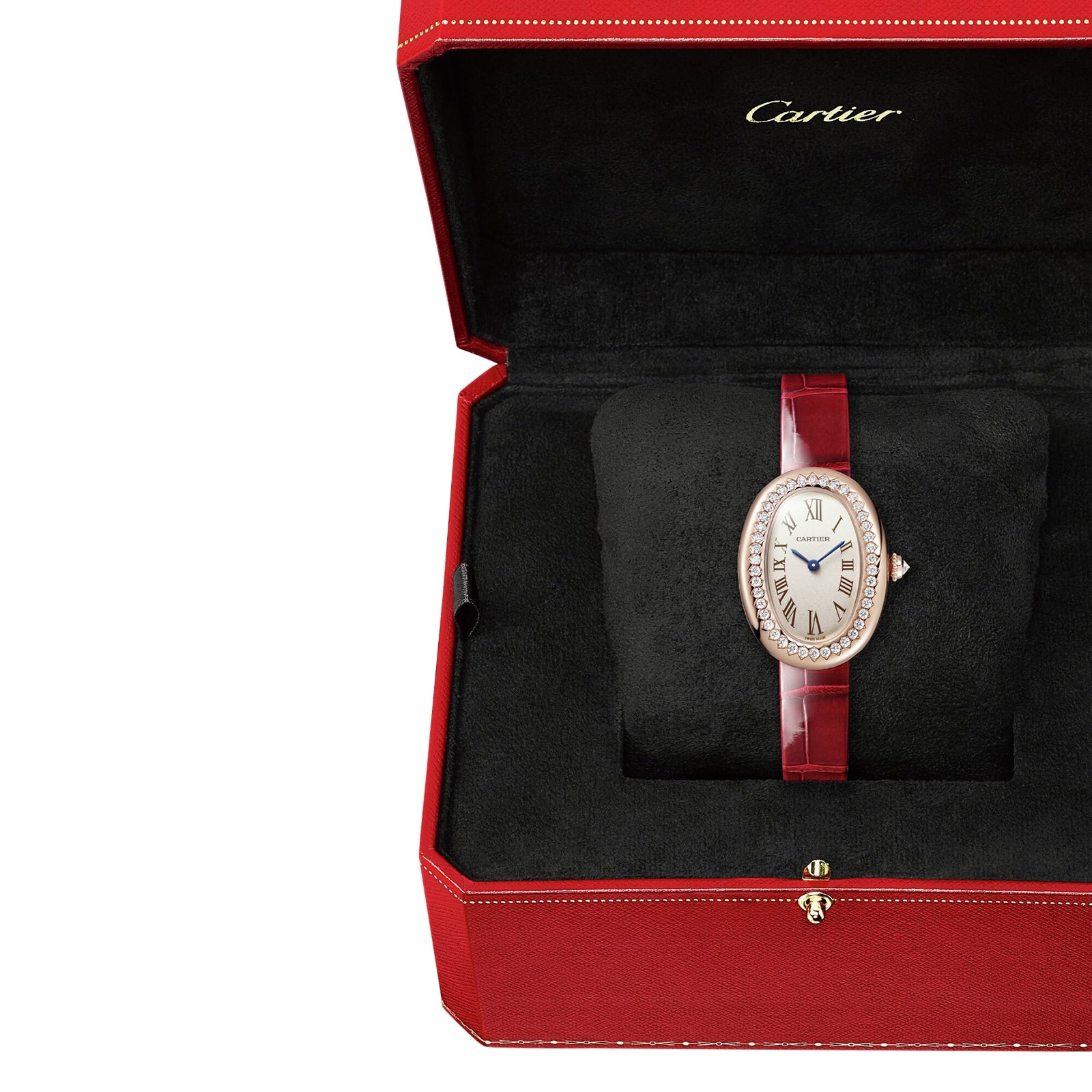 A Cartier Baignoire luxury watch with a red leather strap and oval face, shown in an open red Cartier box with a black interior.
