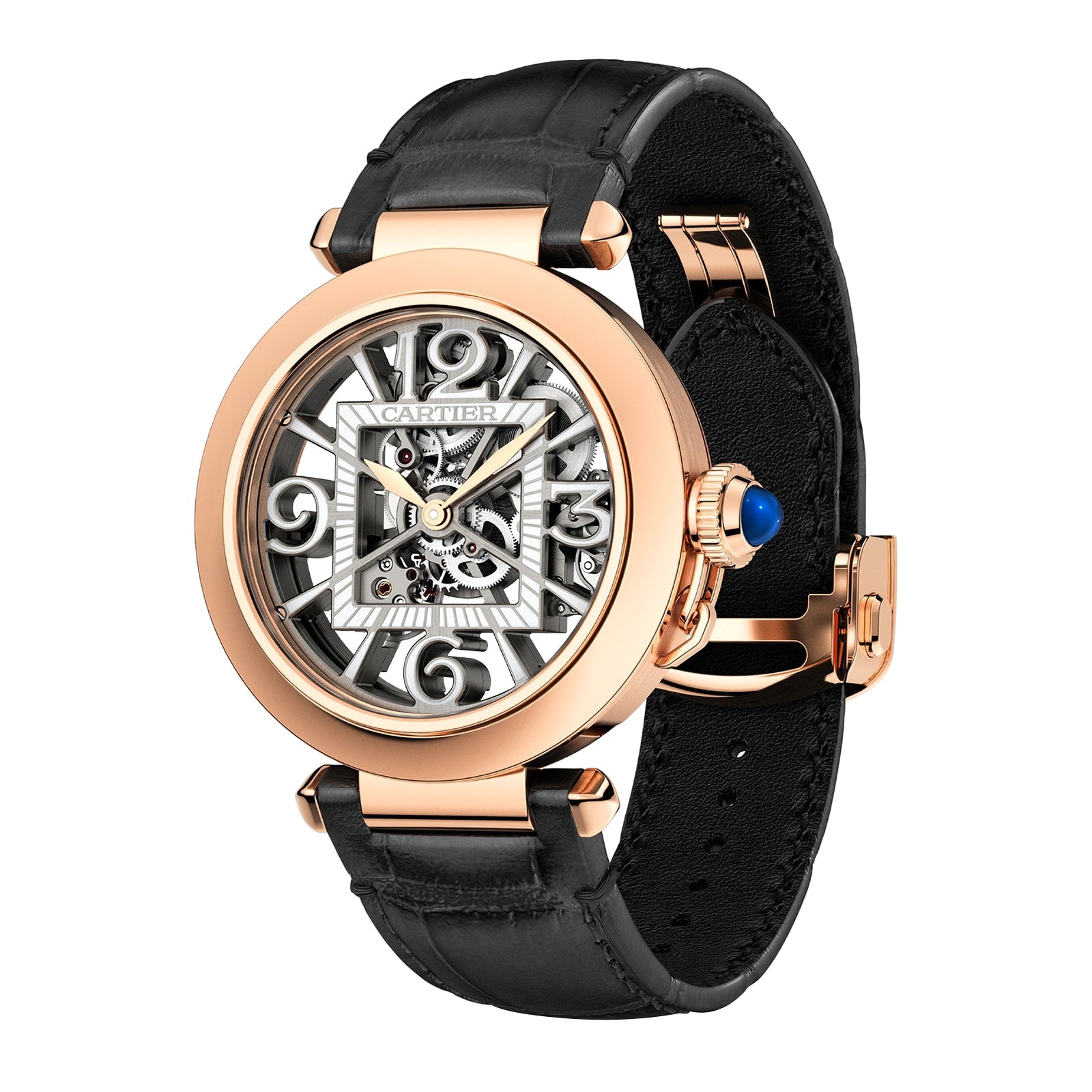 The Pasha de Cartier is a luxury Cartier skeleton watch featuring a gold case, black leather strap, and visible inner mechanisms.