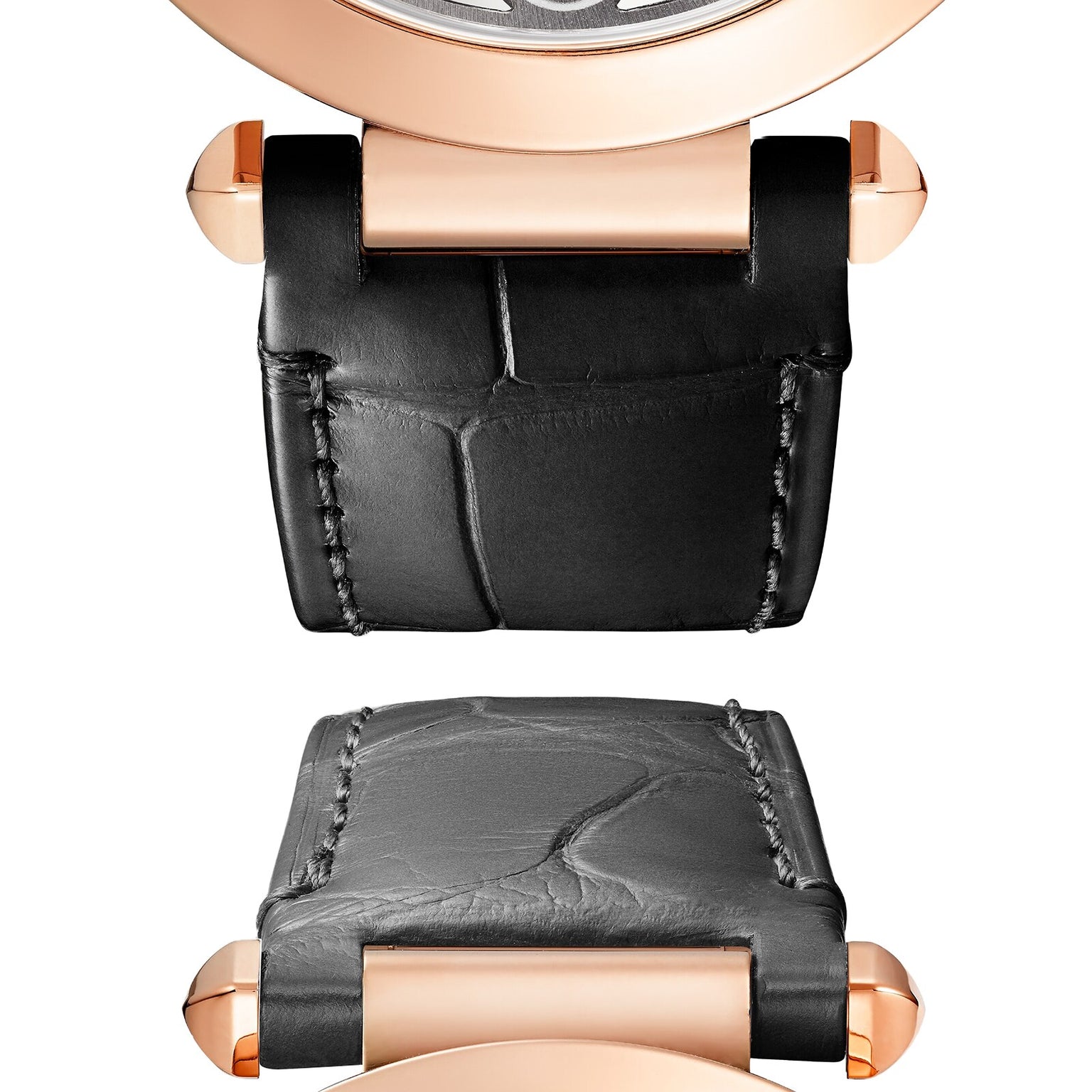 Close-up of the Pasha de Cartier by Cartier featuring a black leather strap with rose gold lugs and detailed stitching.