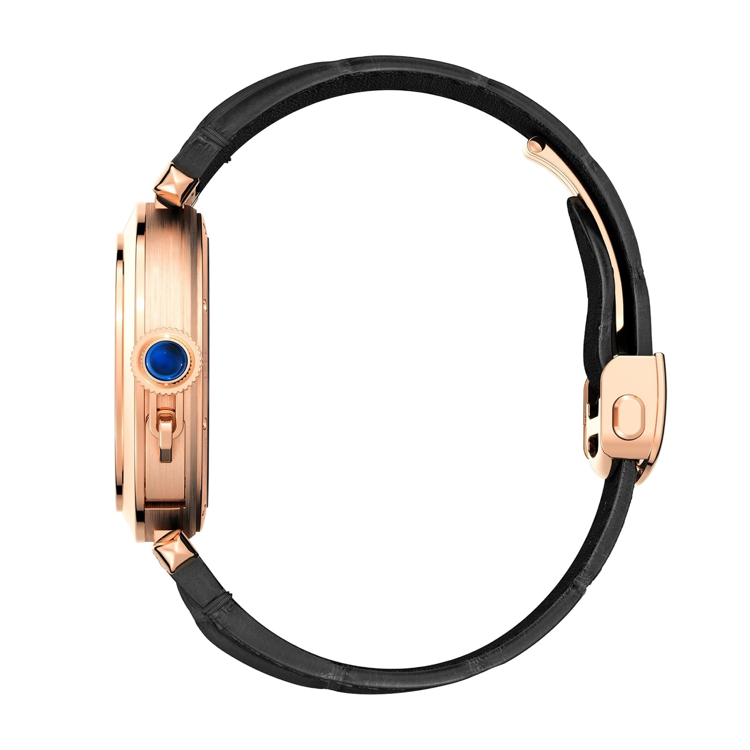 Side view of the Pasha de Cartier gold wristwatch by Cartier, featuring a black leather strap and a blue gemstone set on the crown.