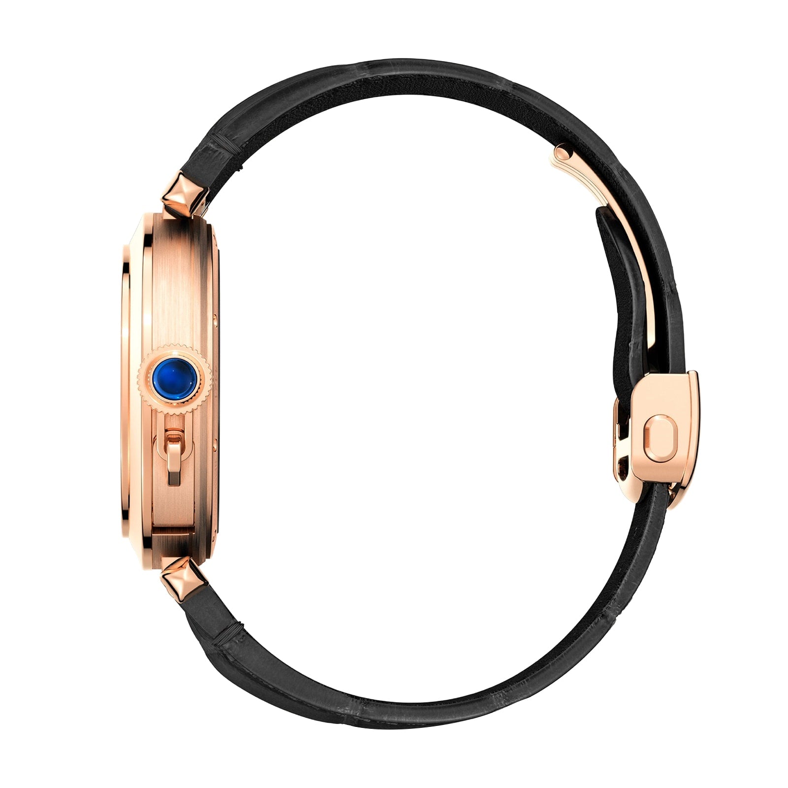 Side view of the Pasha de Cartier gold wristwatch by Cartier, featuring a black leather strap and a blue gemstone set on the crown.