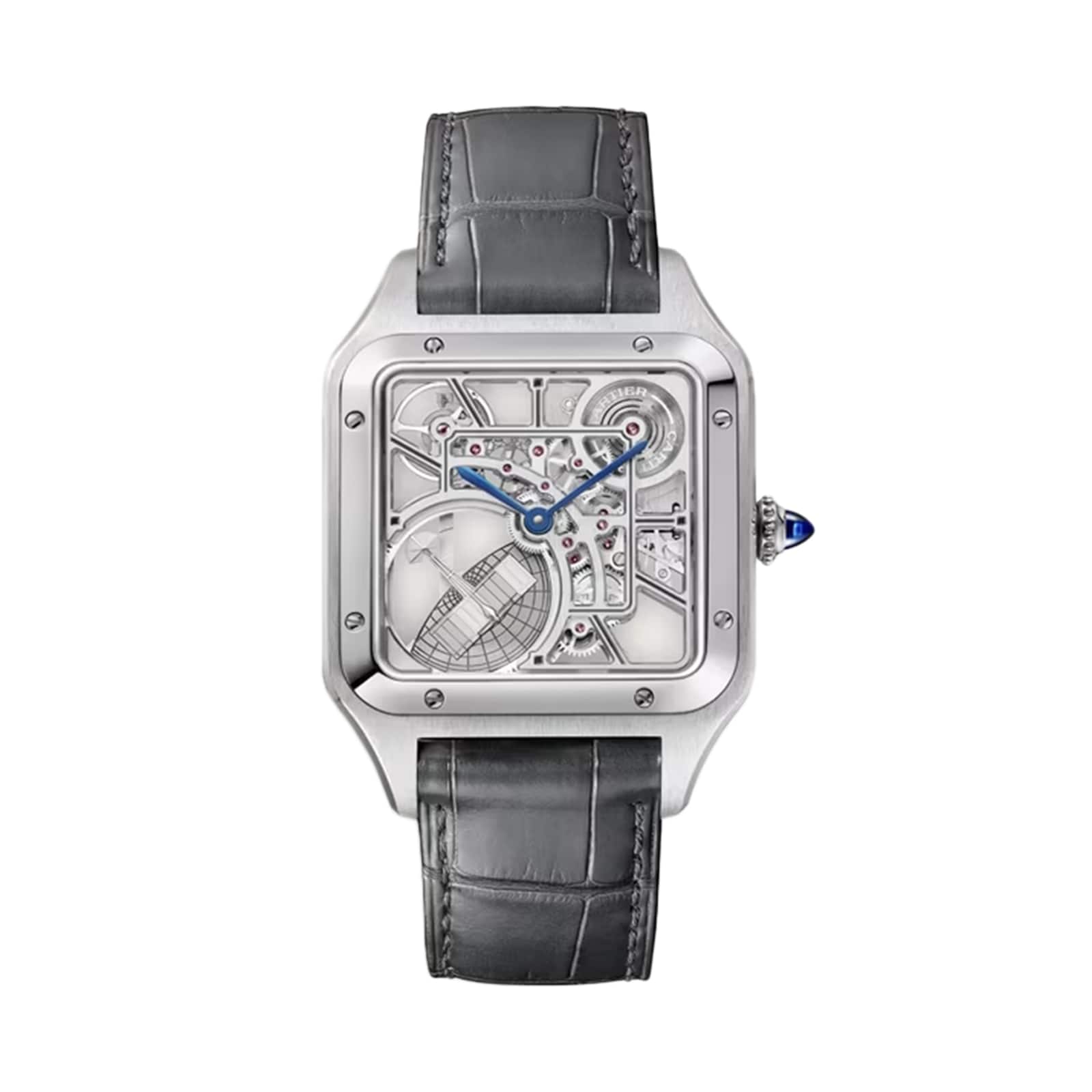 The Cartier Santos-Dumont Skeleton with Micro-Rotor features a square face, blue hands, visible mechanical movement, and a grey leather strap—exemplifying minimalism and elegance against a white background.