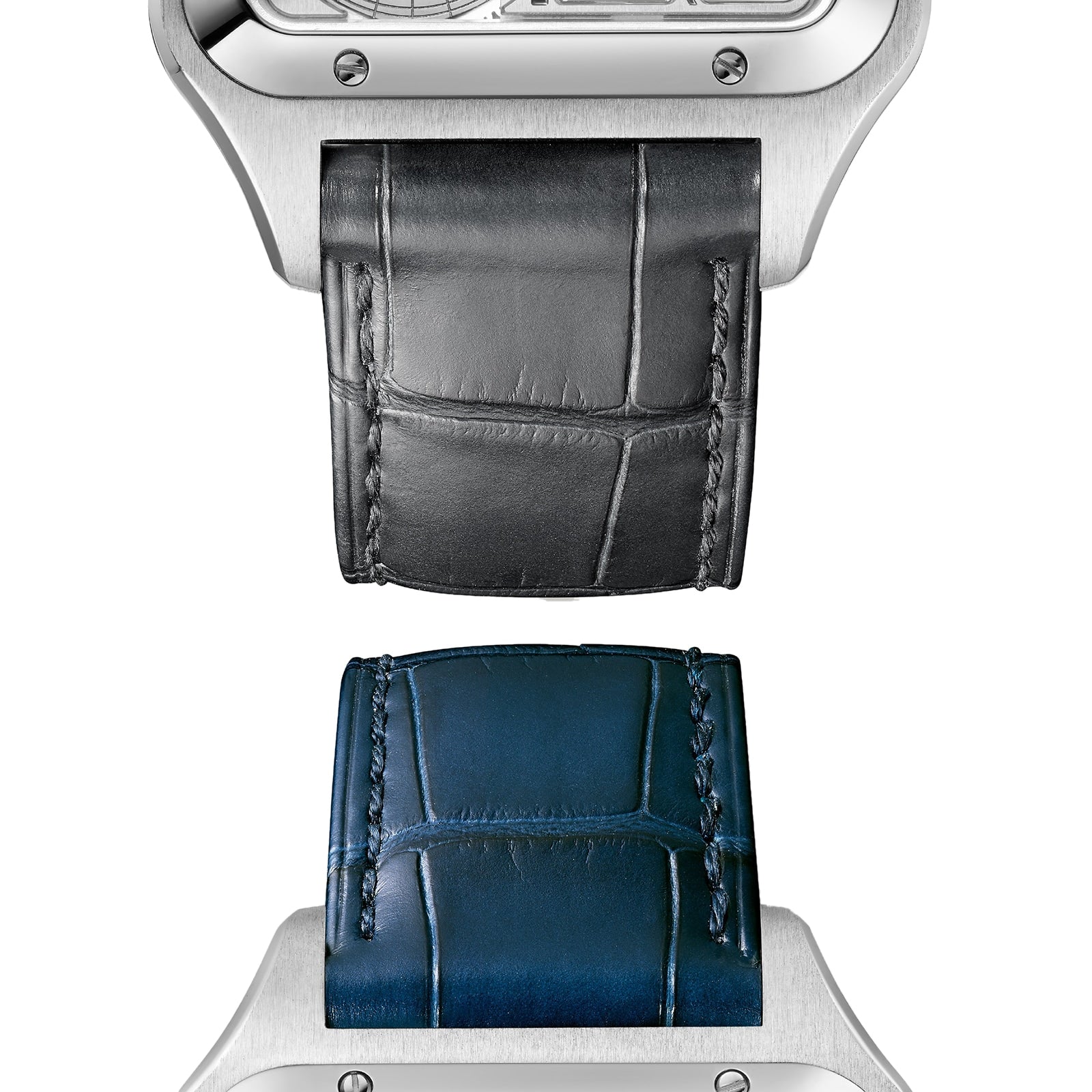 Close-up of two leather watch straps, one black and one dark blue, with visible stitching and silver Santos-Dumont Skeleton with Micro-Rotor cases by Cartier, highlighting their minimalist and elegant design.