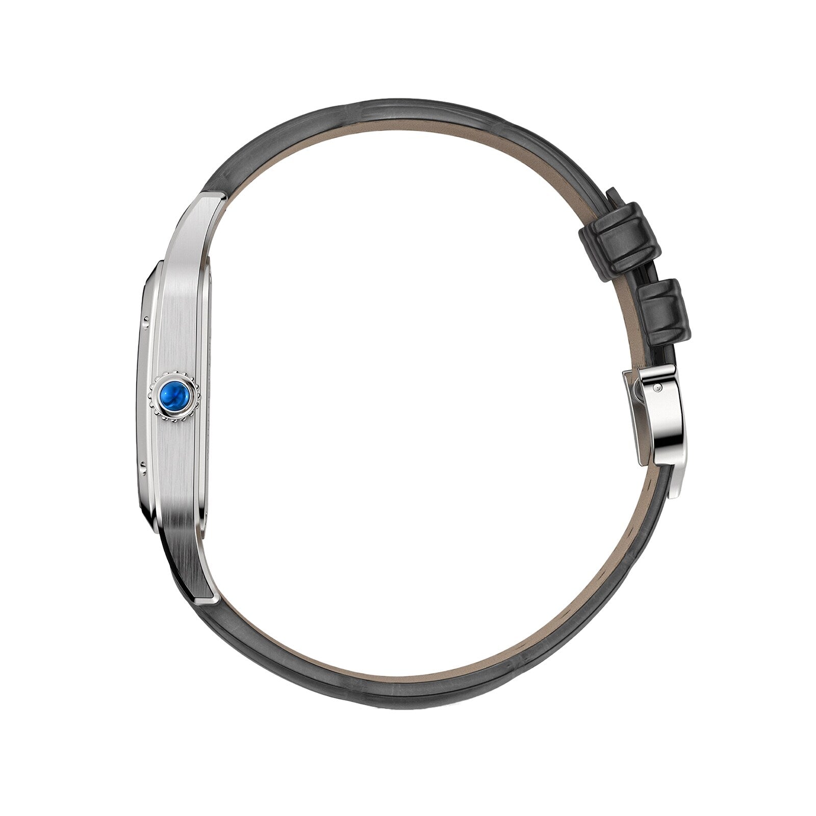 Side view of the Cartier Santos-Dumont Skeleton with Micro-Rotor, featuring a black leather strap, silver case, and a blue gem on the crown that highlights its minimalist and elegant design.