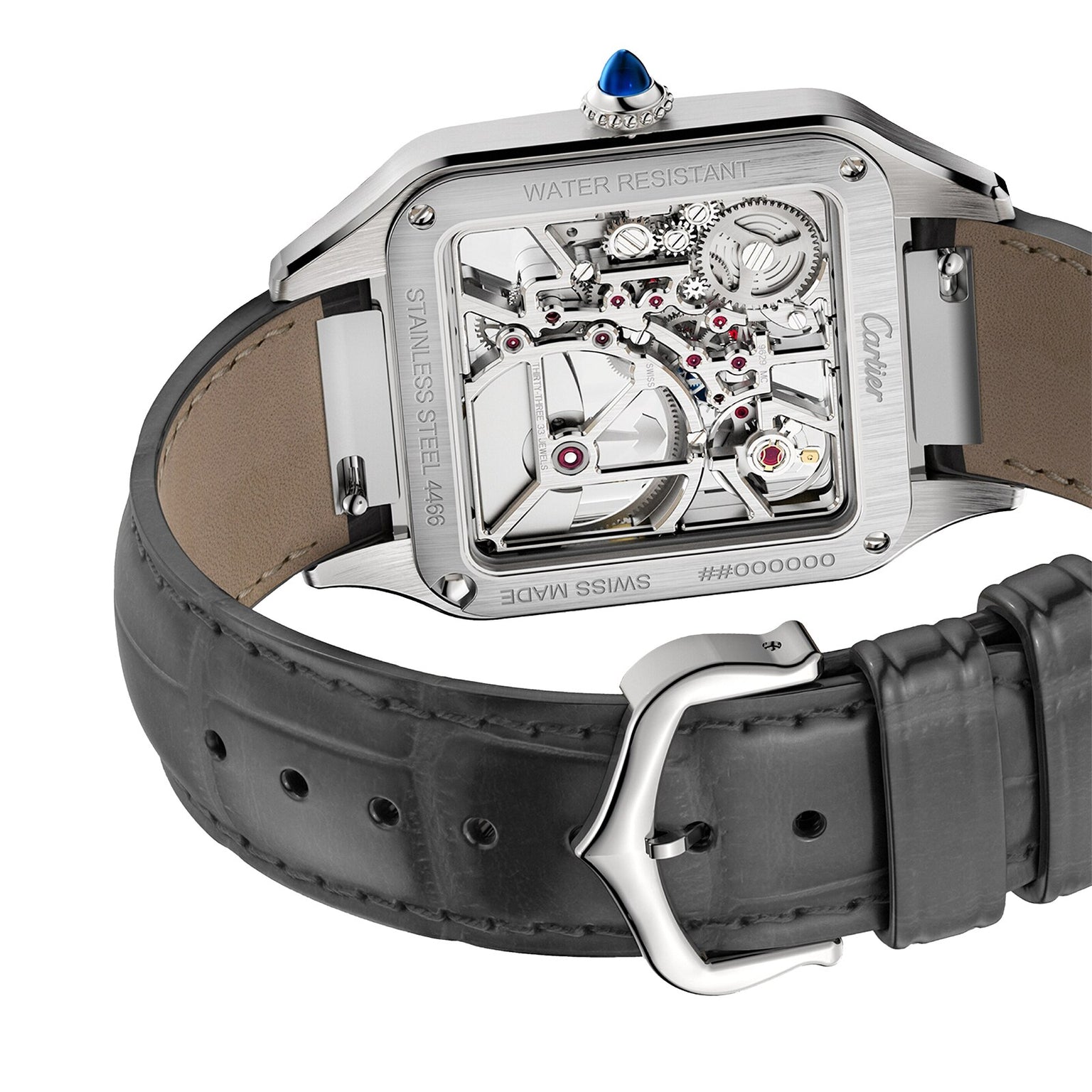 Back view of the Cartier Santos-Dumont Skeleton with Micro-Rotor, featuring an exposed mechanical movement, stainless steel case, black leather strap, and water resistance markings.