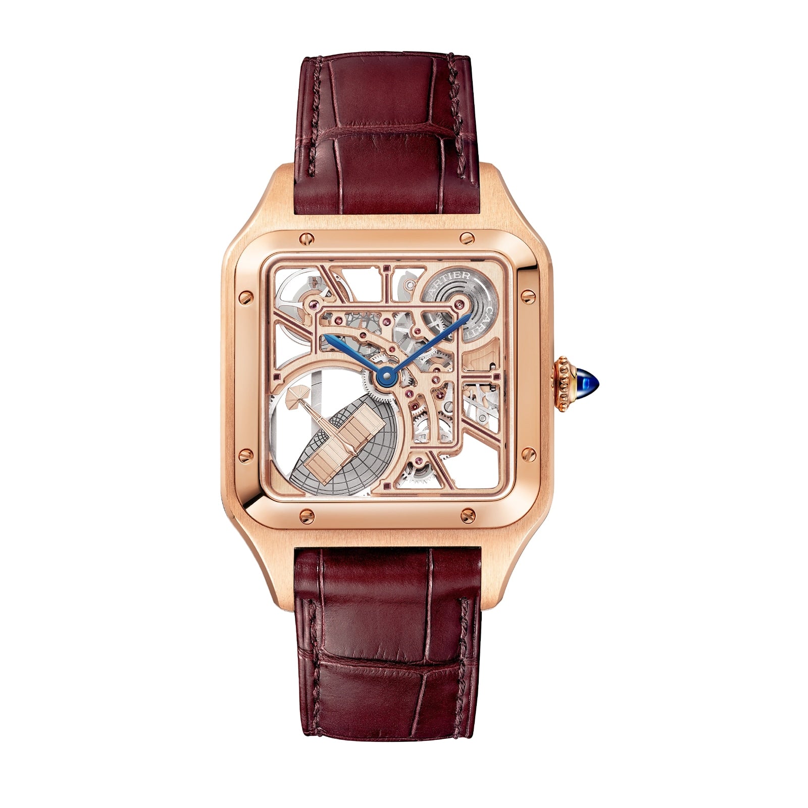 The Cartier Santos-Dumont Skeleton with Micro-Rotor features a rose gold square case, brown leather strap, and a luxurious skeleton design showcasing its exposed gears.