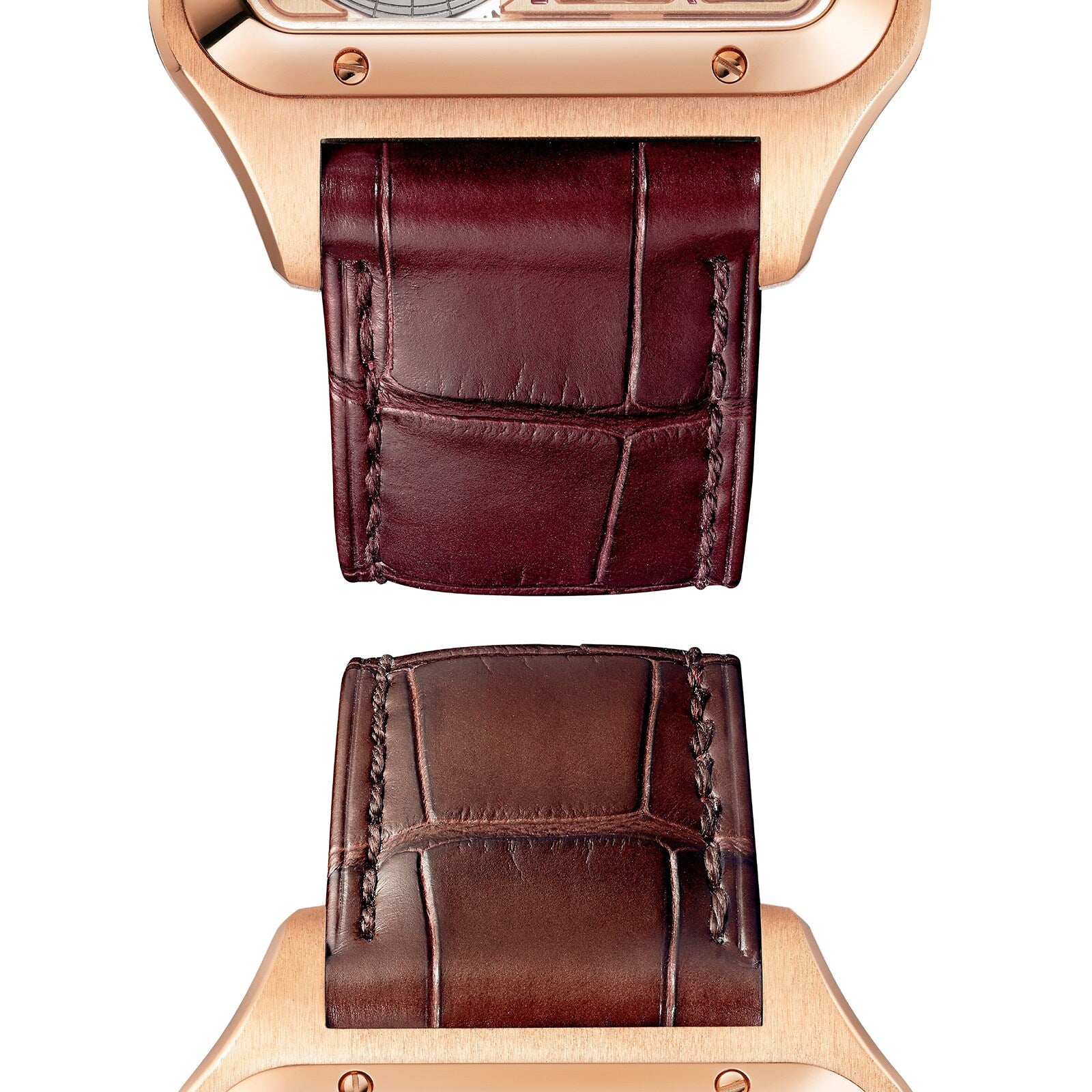 Close-up of the Cartier Santos-Dumont Skeleton with Micro-Rotor, highlighting its brown leather strap, gold case, and detailed stitching.