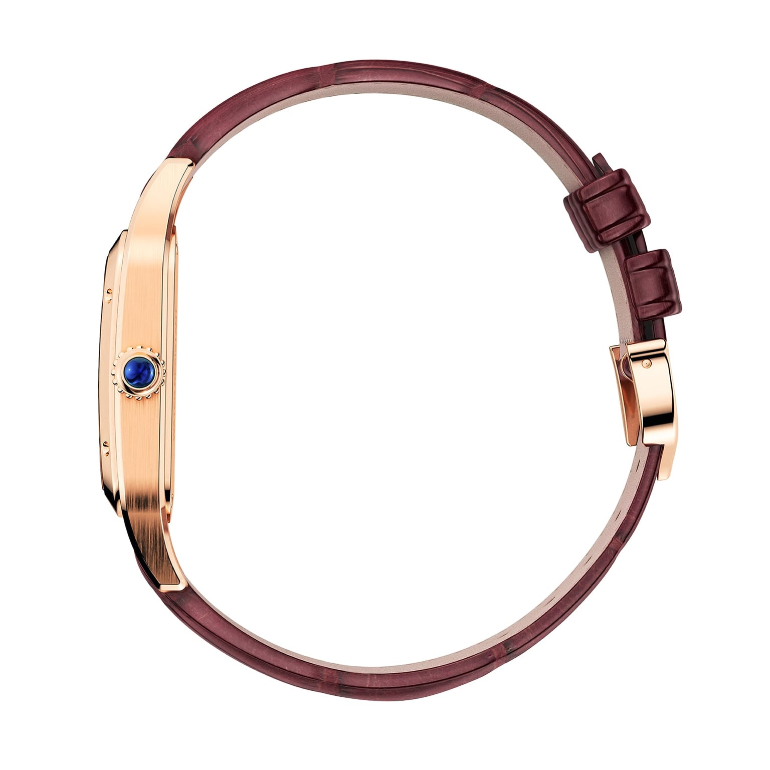 Side view of the Cartier Santos-Dumont Skeleton with Micro-Rotor, featuring a gold case, brown leather strap, and a blue gemstone set on the crown.