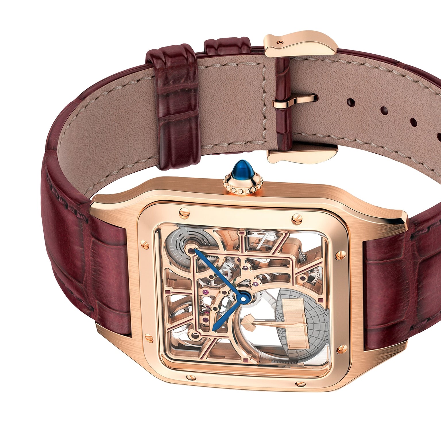 The Cartier Santos-Dumont Skeleton with Micro-Rotor features a luxury skeleton design, rose gold case, brown leather strap, and striking blue hands.