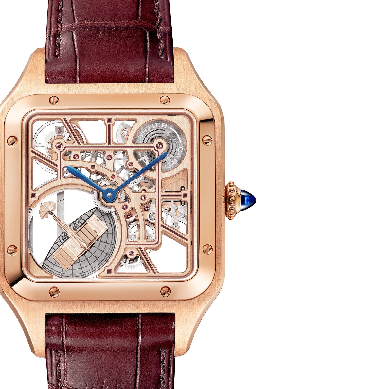 The Cartier Santos-Dumont Skeleton with Micro-Rotor features a gold square case, blue hands, and a brown leather strap.