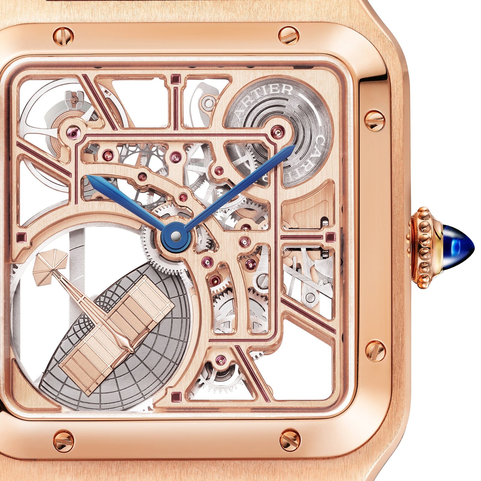 Close-up of a Cartier Santos-Dumont Skeleton with Micro-Rotor watch, featuring blue hands, exposed gears, and a rose gold case.