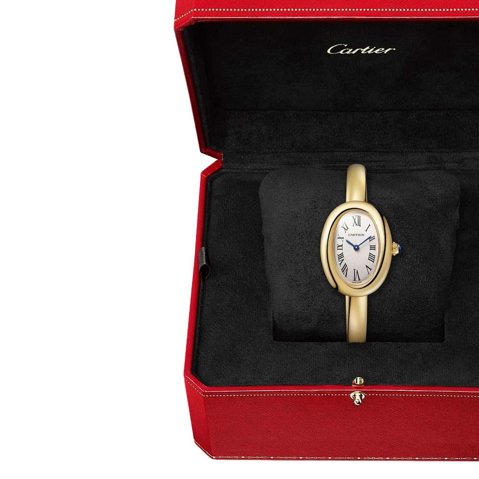 Cartier Baignoire gold wristwatch featuring a white oval face with Roman numerals, presented in a red Cartier box with black interior.