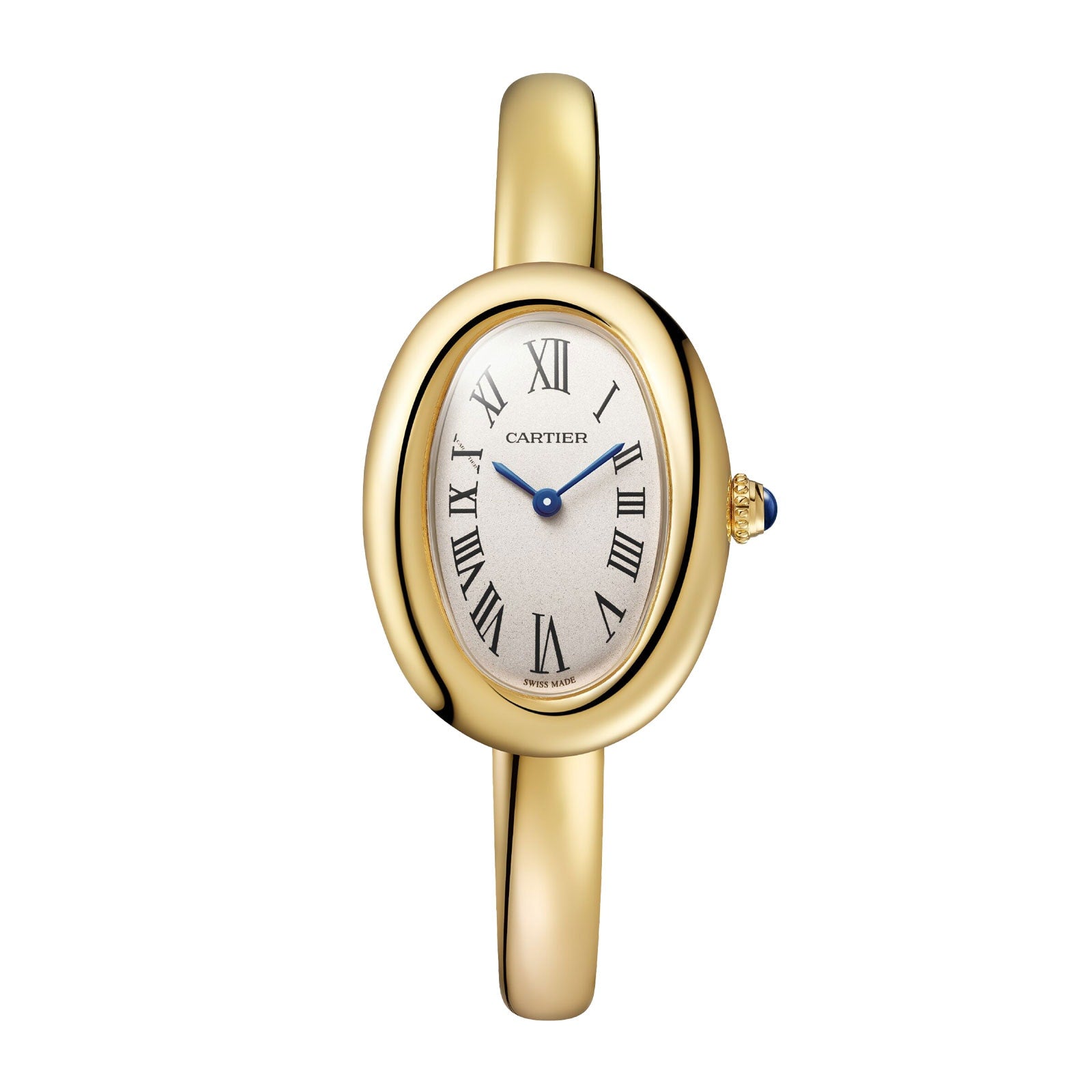 The Cartier Baignoire wristwatch features an oval face with Roman numerals and blue hands on a white background.