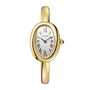 The Cartier Baignoire wristwatch features an oval face with Roman numerals and blue hands on a white background.