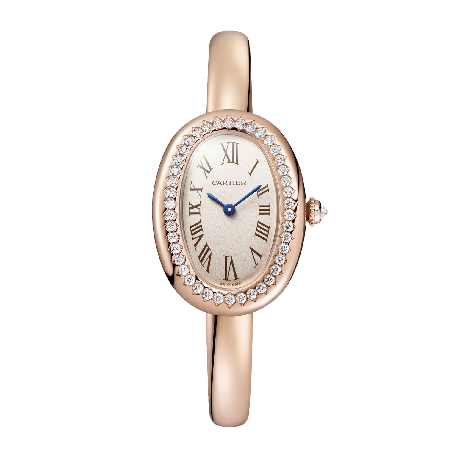 Cartier Baignoire rose gold oval watch featuring a diamond bezel, Roman numeral dial, and slim bracelet band.