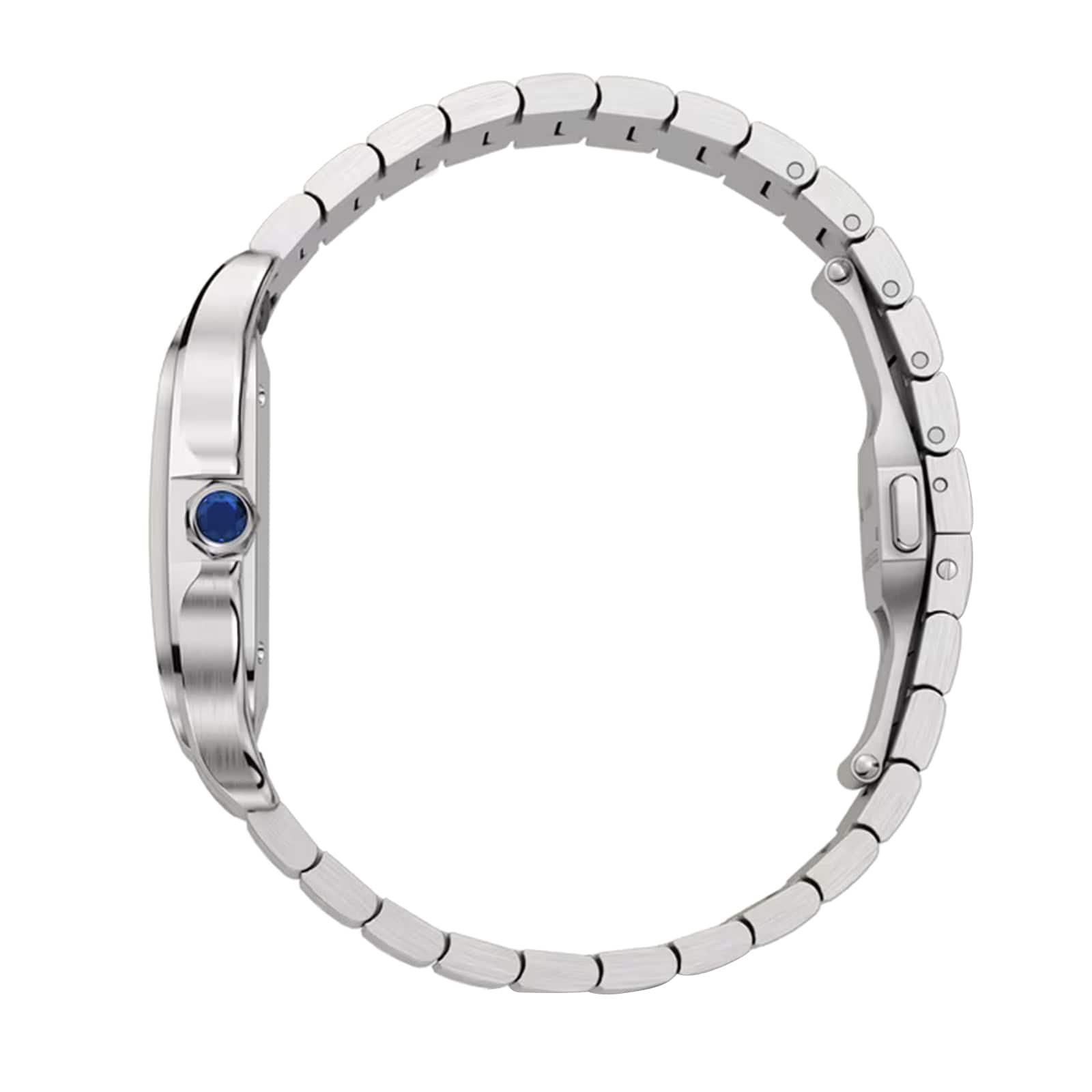 Side view of the Santos de Cartier wristwatch by Cartier, featuring a silver metal case, automatic winding, blue gemstone crown, and a minimalist link bracelet.